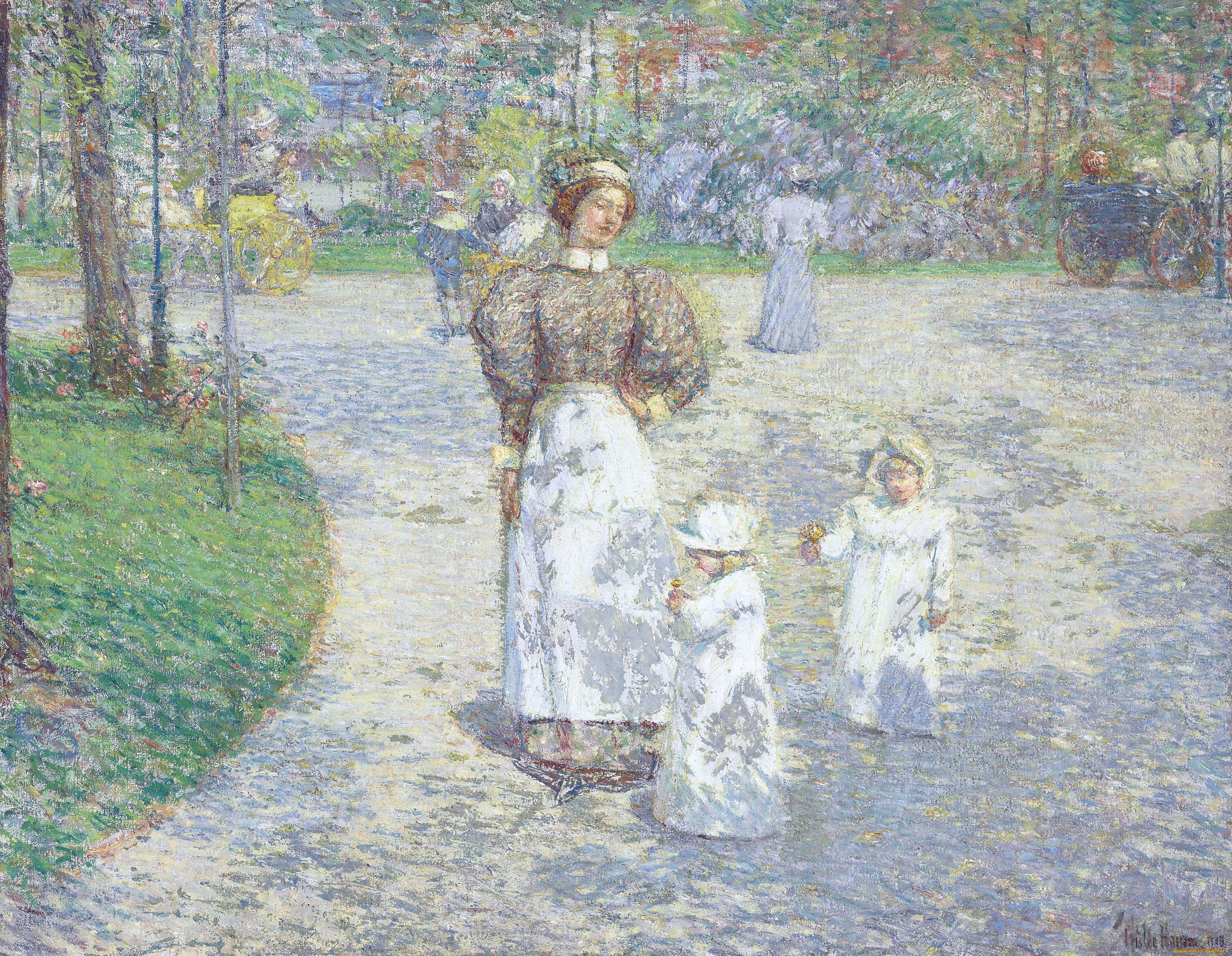 spring, in, central, park, рисованное, frederick, childe, hassam, дамы, дети, деревья, дорожки, парк