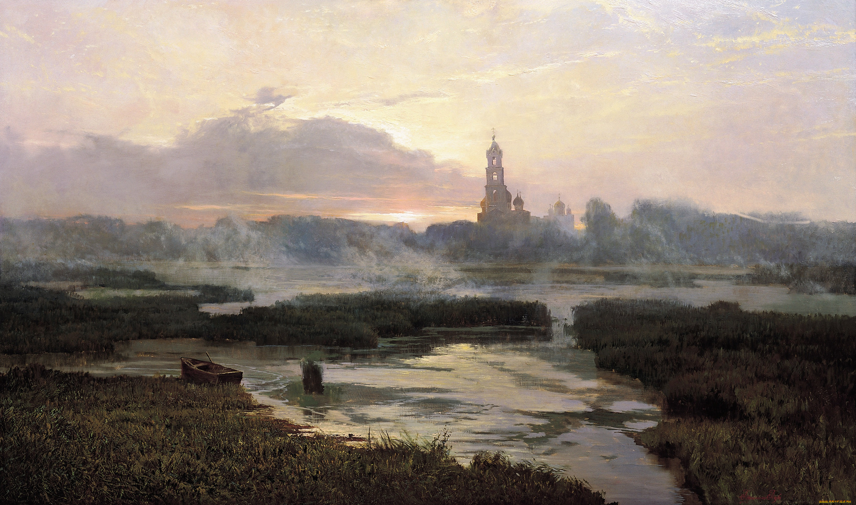 утро, серафимо-дивеевской, лавры, рисованное, александр, афонин, озеро, лодка, колокольня, рассвет, туман, трава, облака, небо