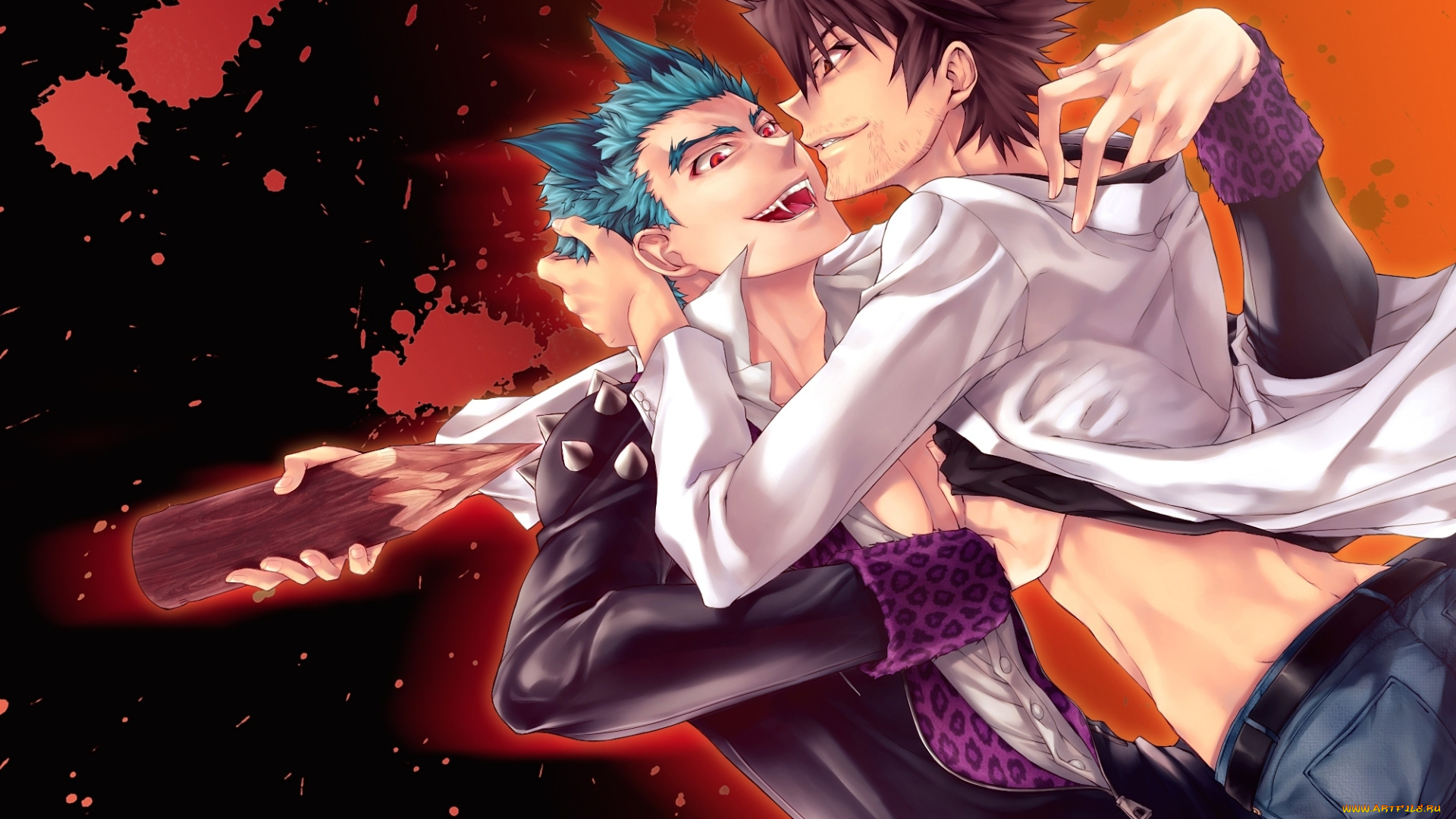 аниме, shiki, клыки, кол, брызги, вампир, парни