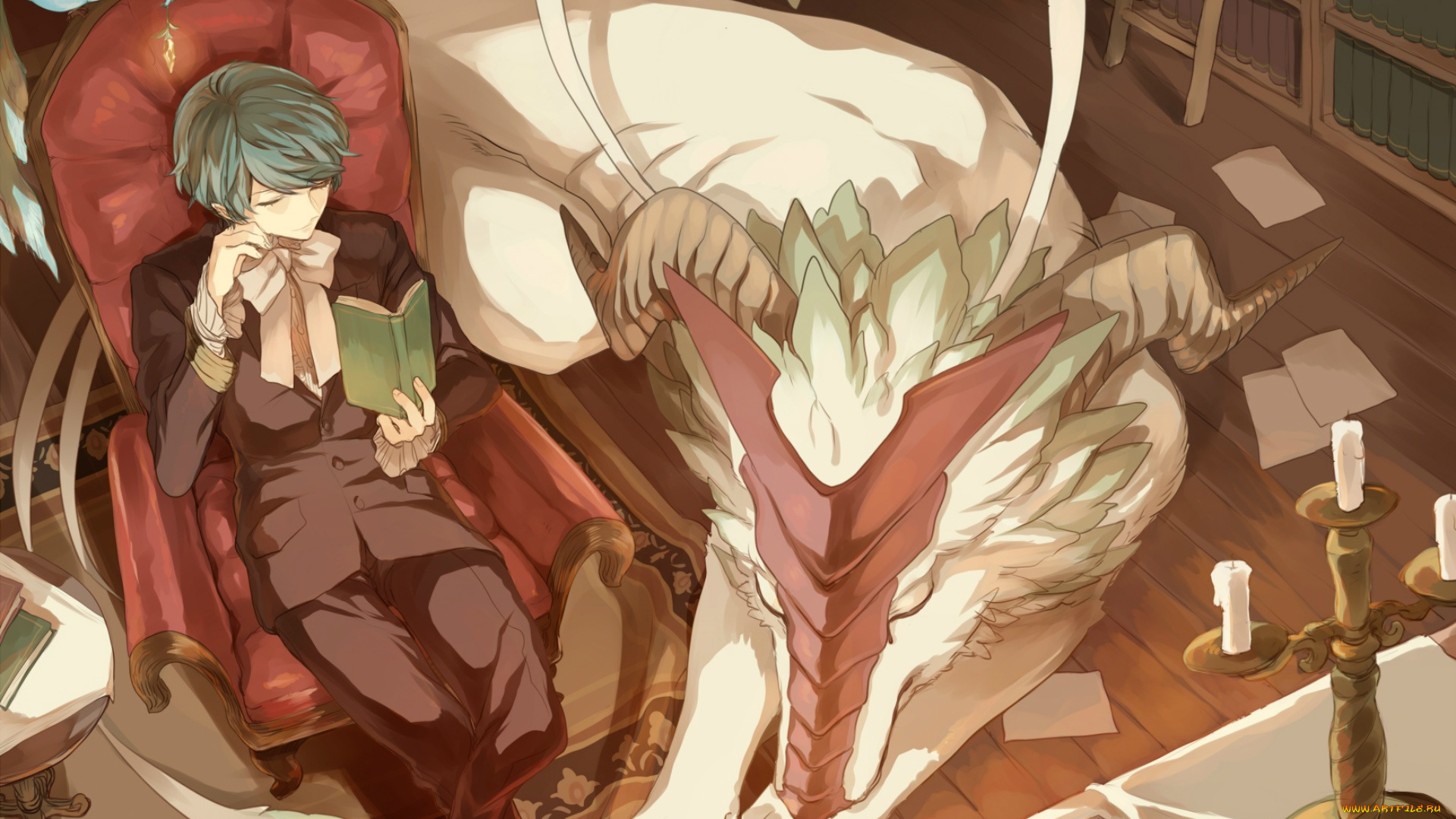 аниме, животные, , существа, бант, подсвечник, дракон, сидит, голубые, волосы, павлин, библиотека, книги, рога, парень, кресло, костюм