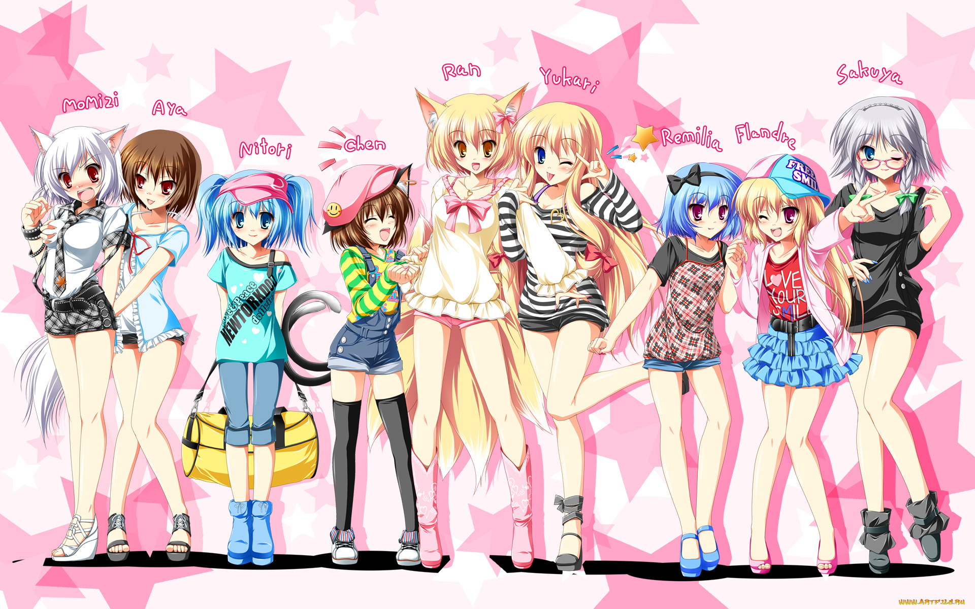 аниме, touhou, девушки, взгляд, фон