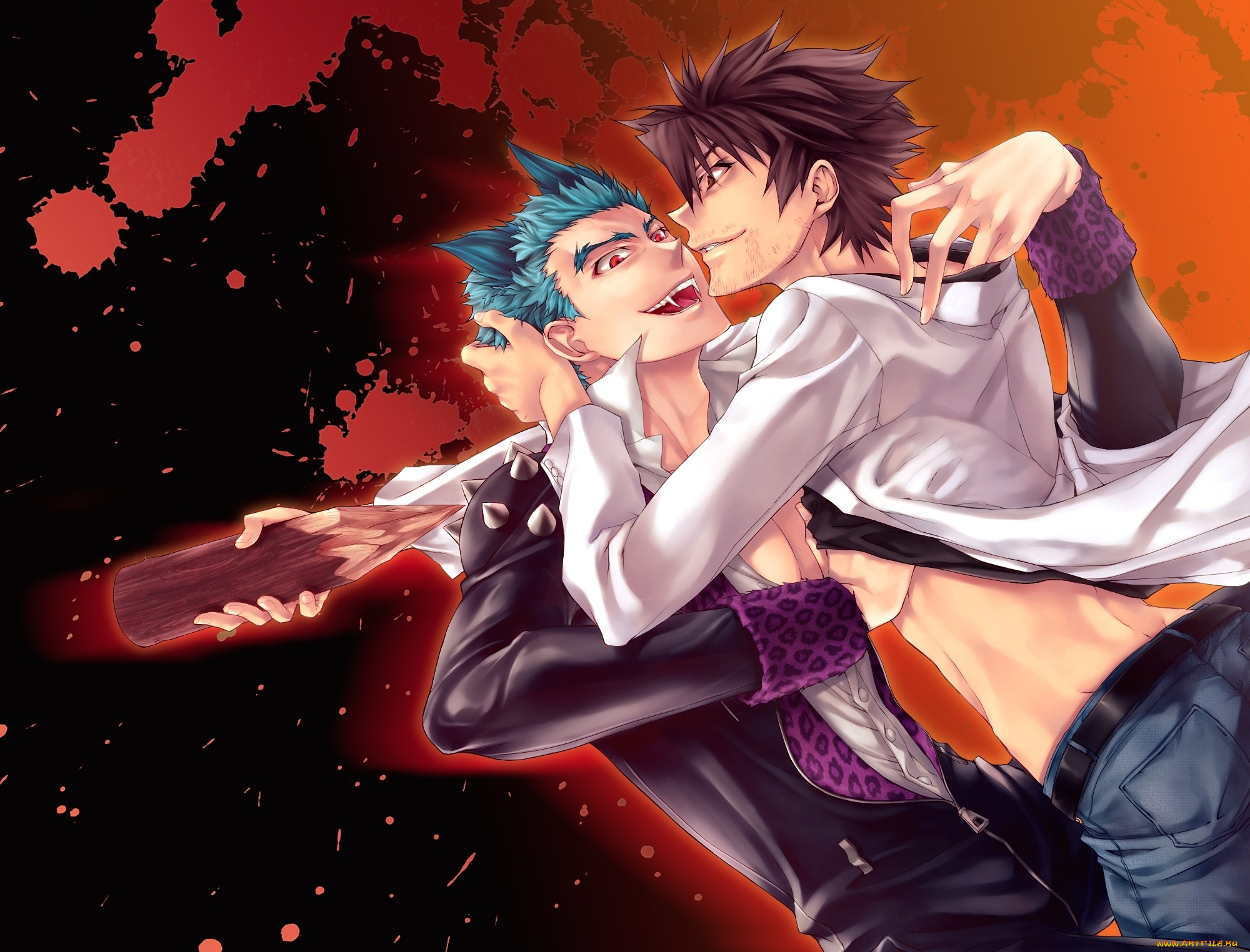 аниме, shiki, клыки, кол, брызги, вампир, парни