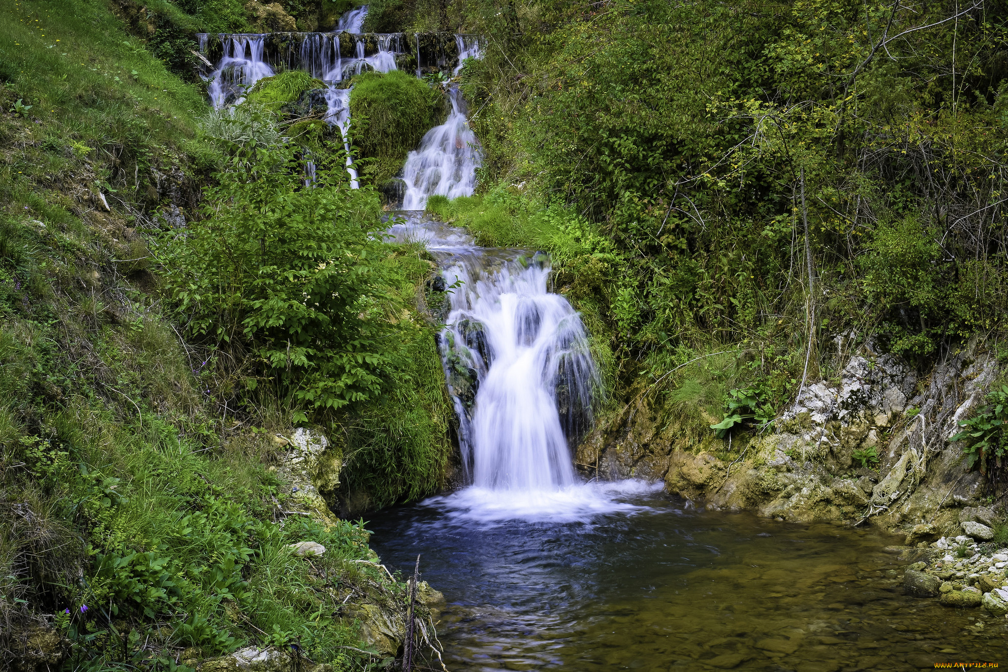 природа, водопады, лес, река, водопад