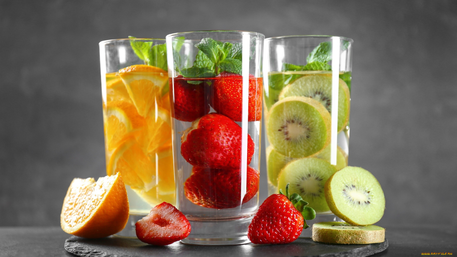 еда, напитки, киви, апельсин, клубника, напиток, стаканы