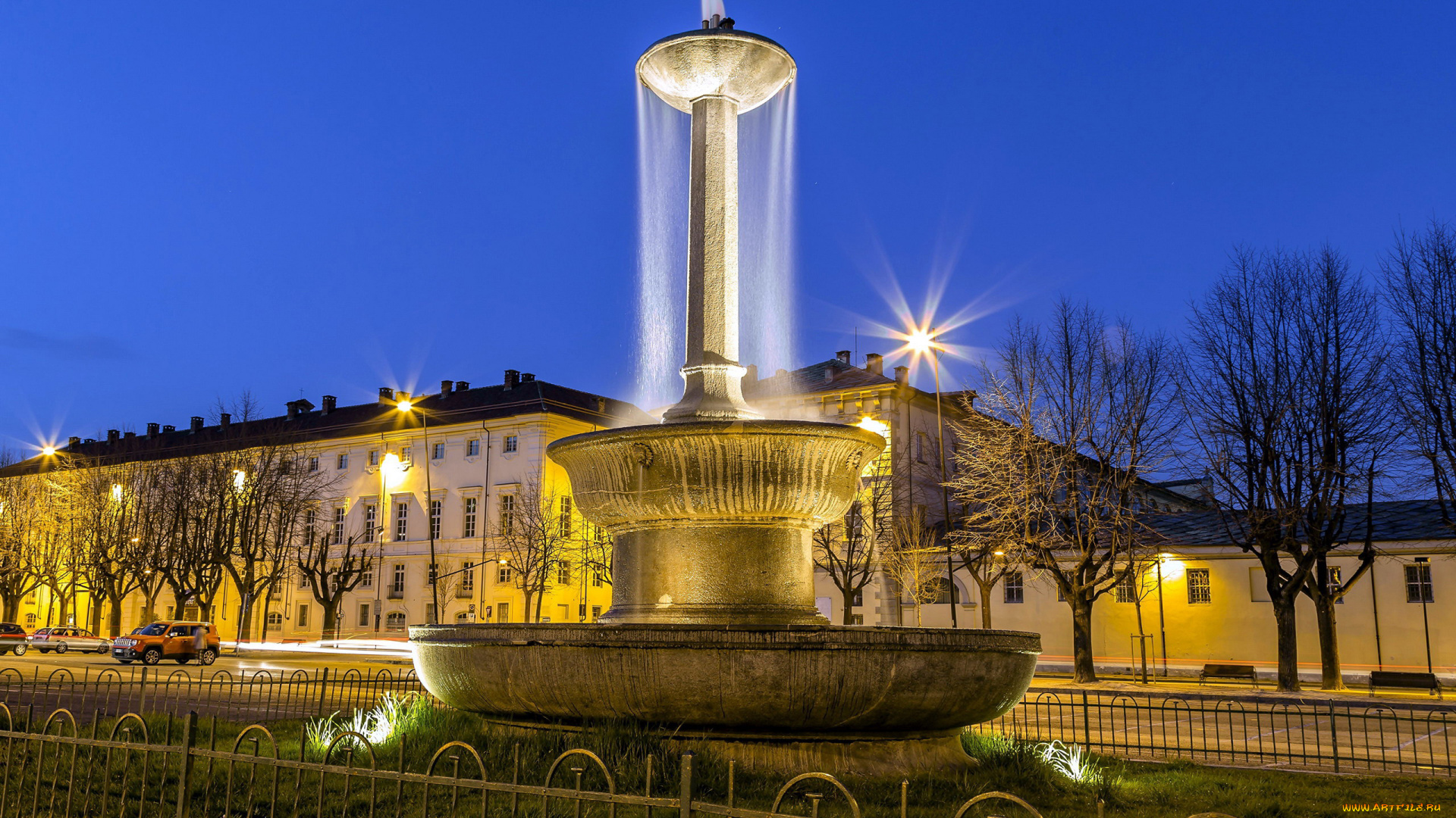 города, -, фонтаны, освещение, вечер, фонтан