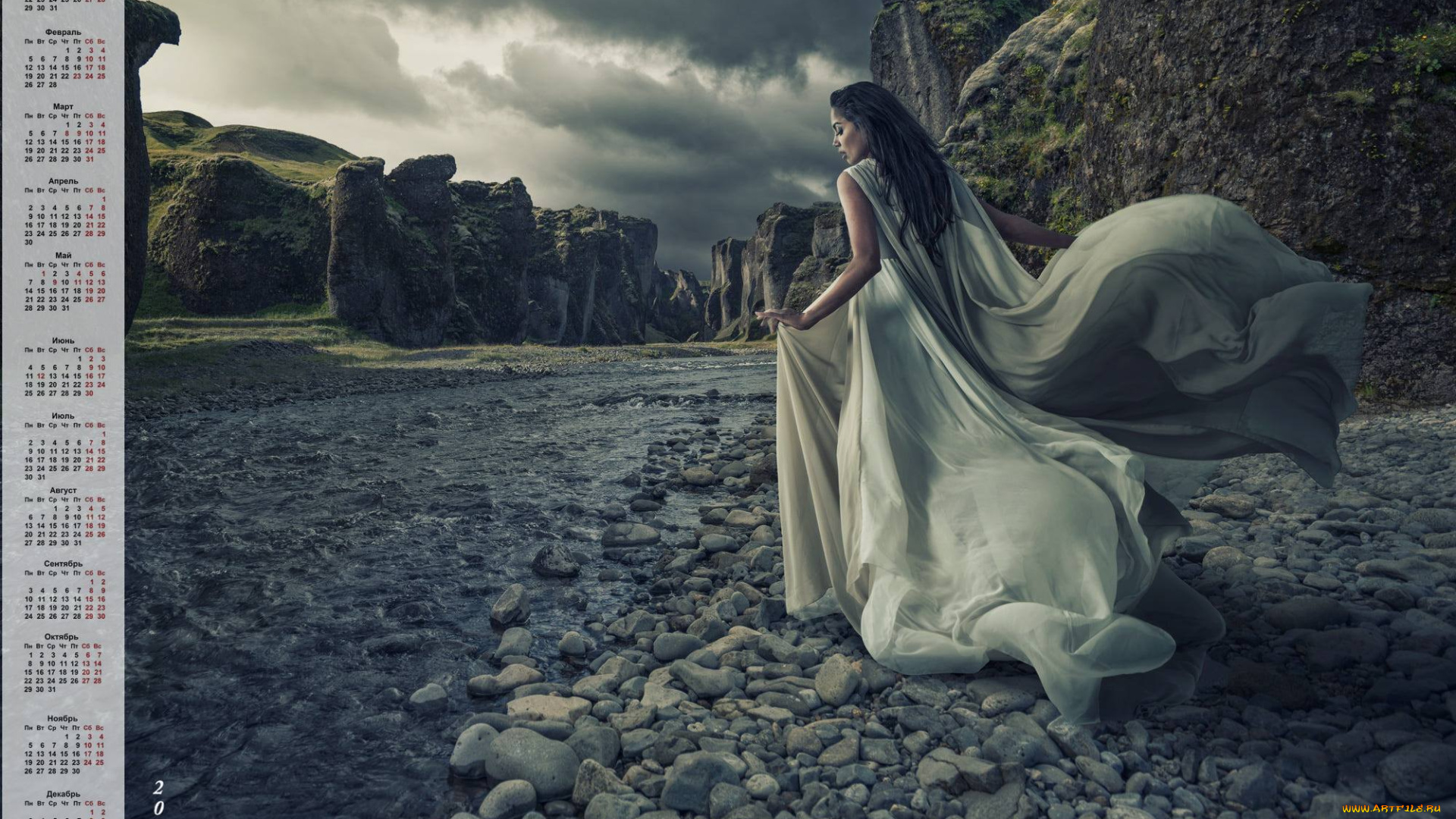 календари, компьютерный, дизайн, девушка, камни, водоем, профиль