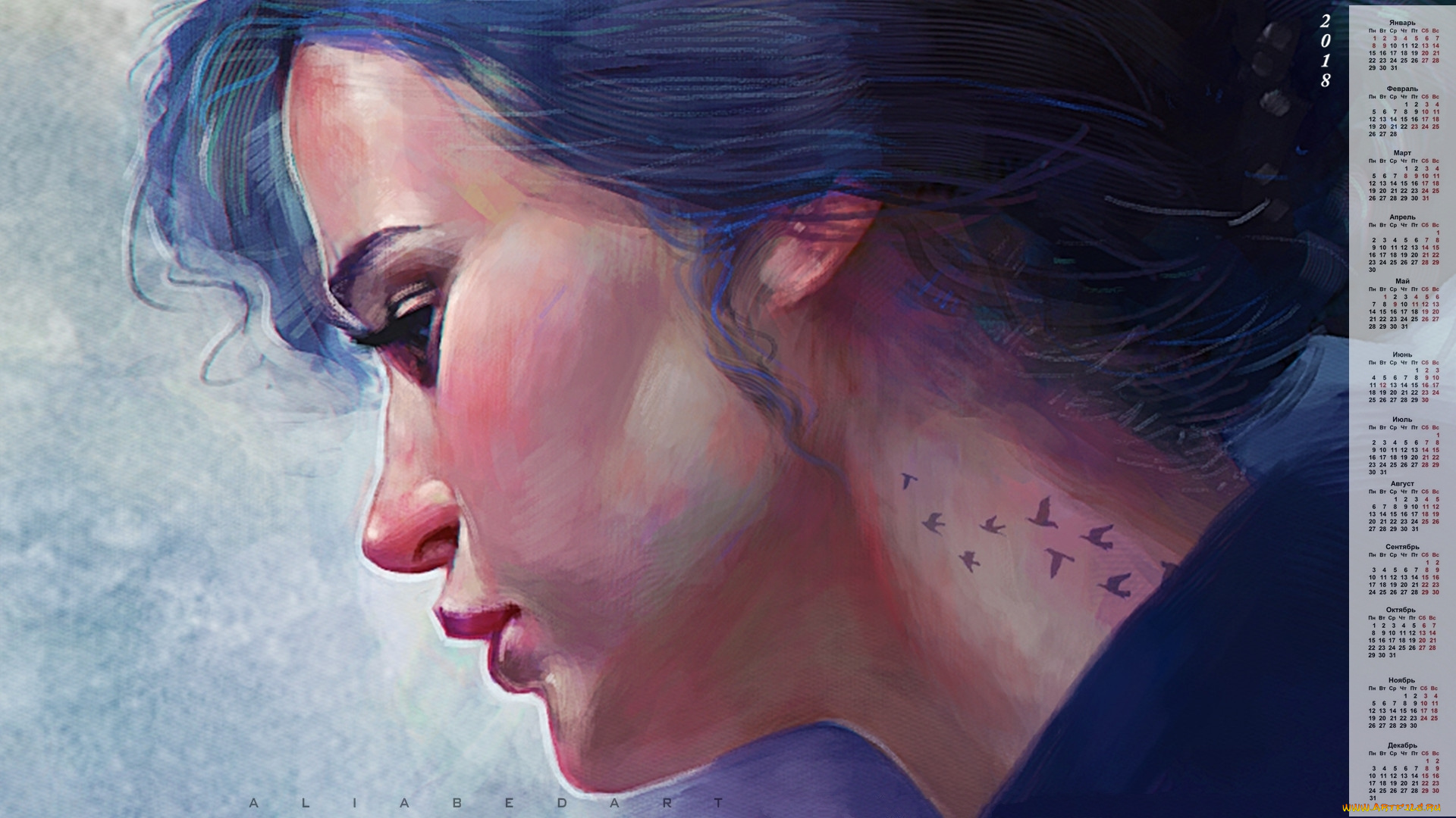 календари, рисованные, , векторная, графика, птица, тату, лицо, профиль