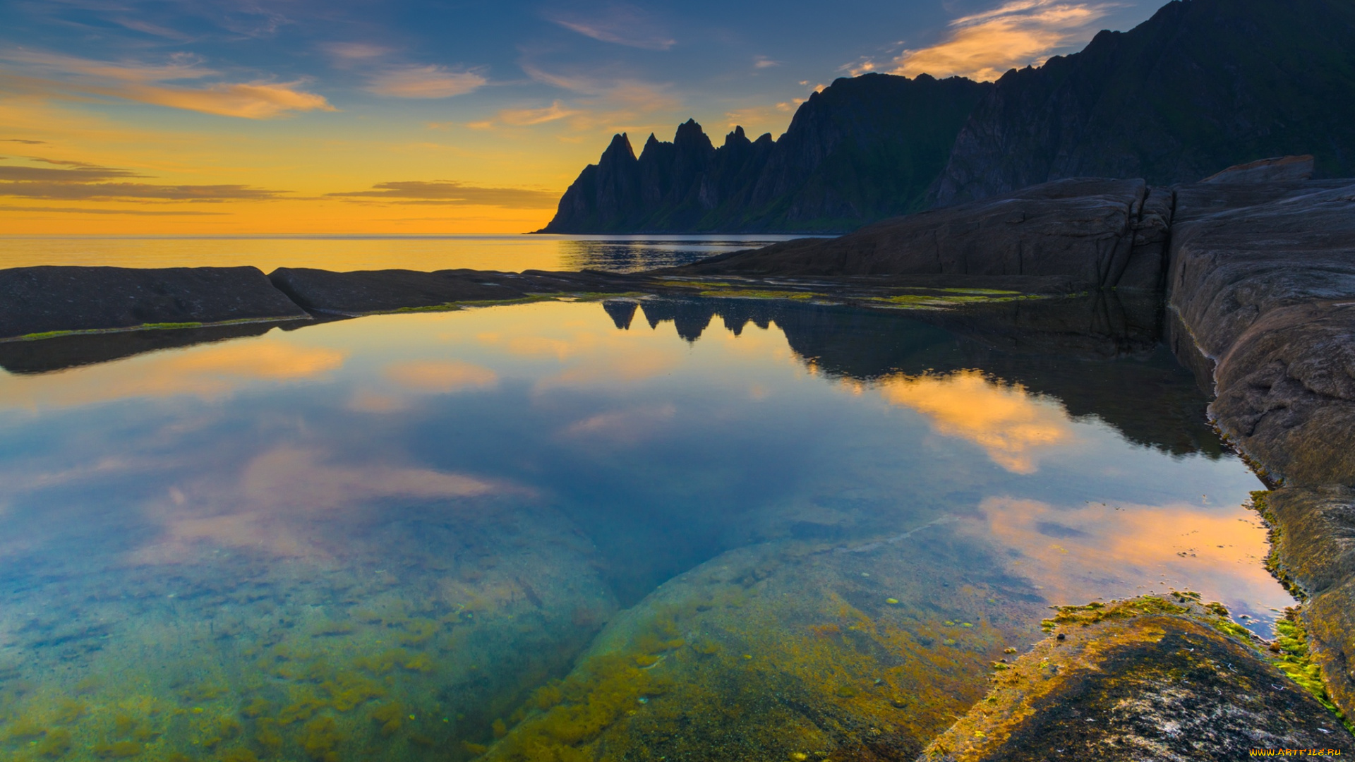 природа, побережье, море, закат, norway, tungeneset, норвегия, горы