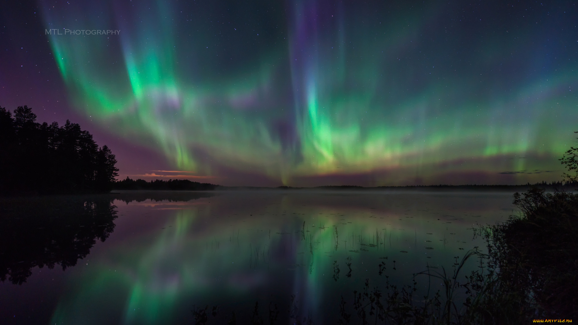 природа, северное, сияние, озеро, ночь