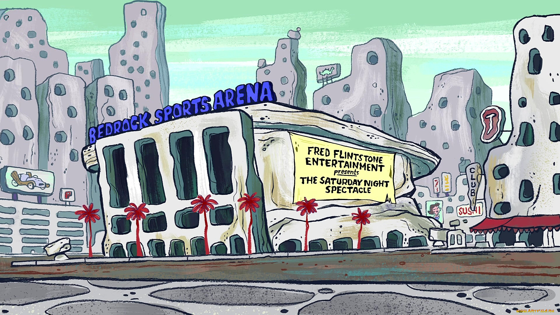 рисованное, города, баннер, дорога, здание, реклама