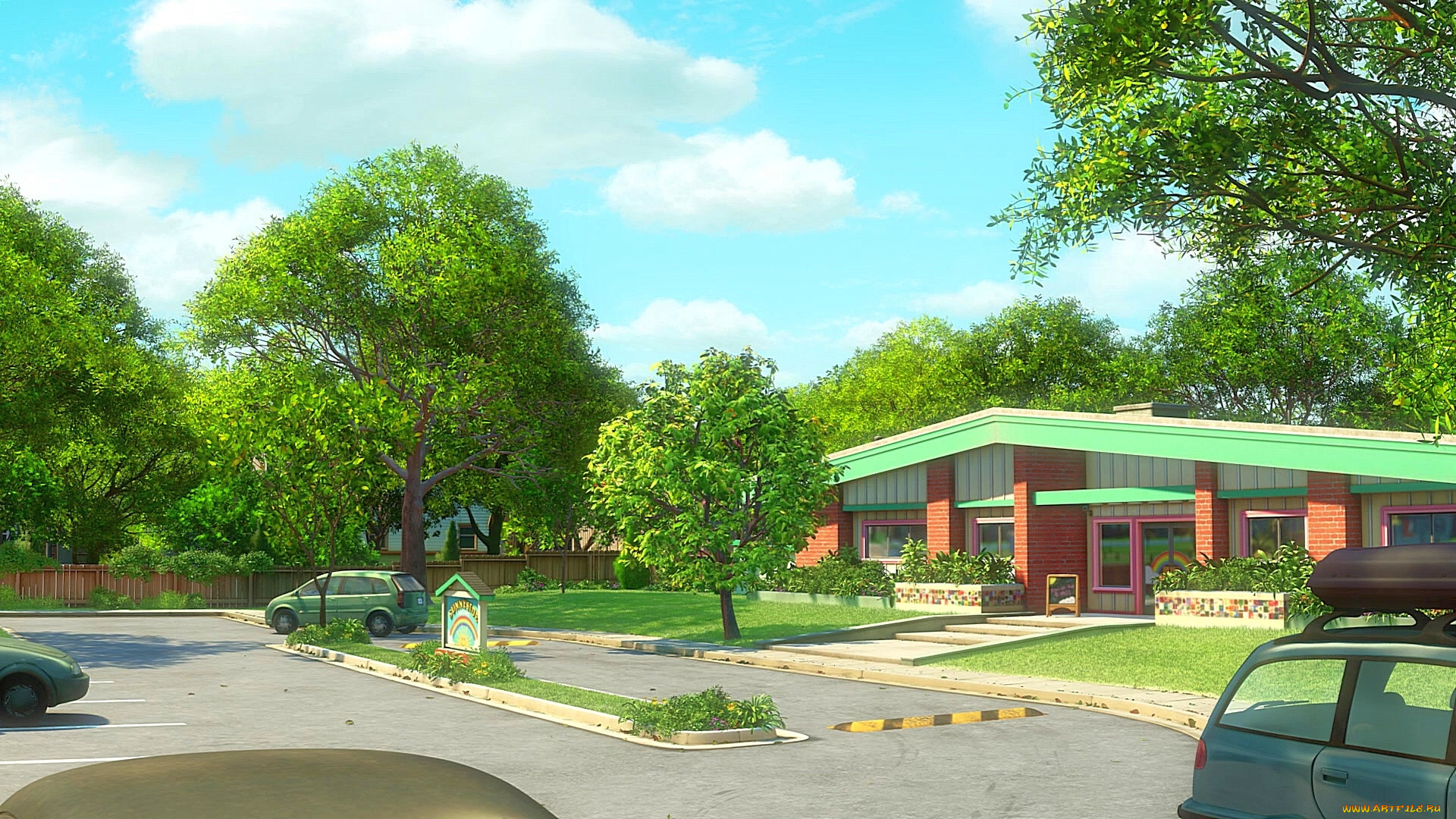 рисованное, города, дорога, деревья, машина, здание