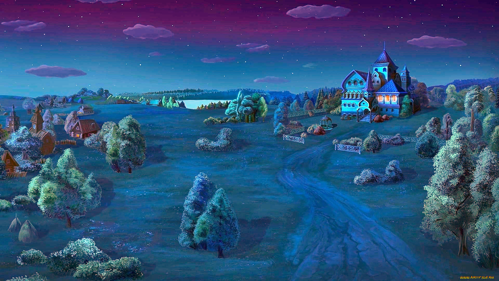 рисованное, города, дворец, природа, ночь, изба, растения