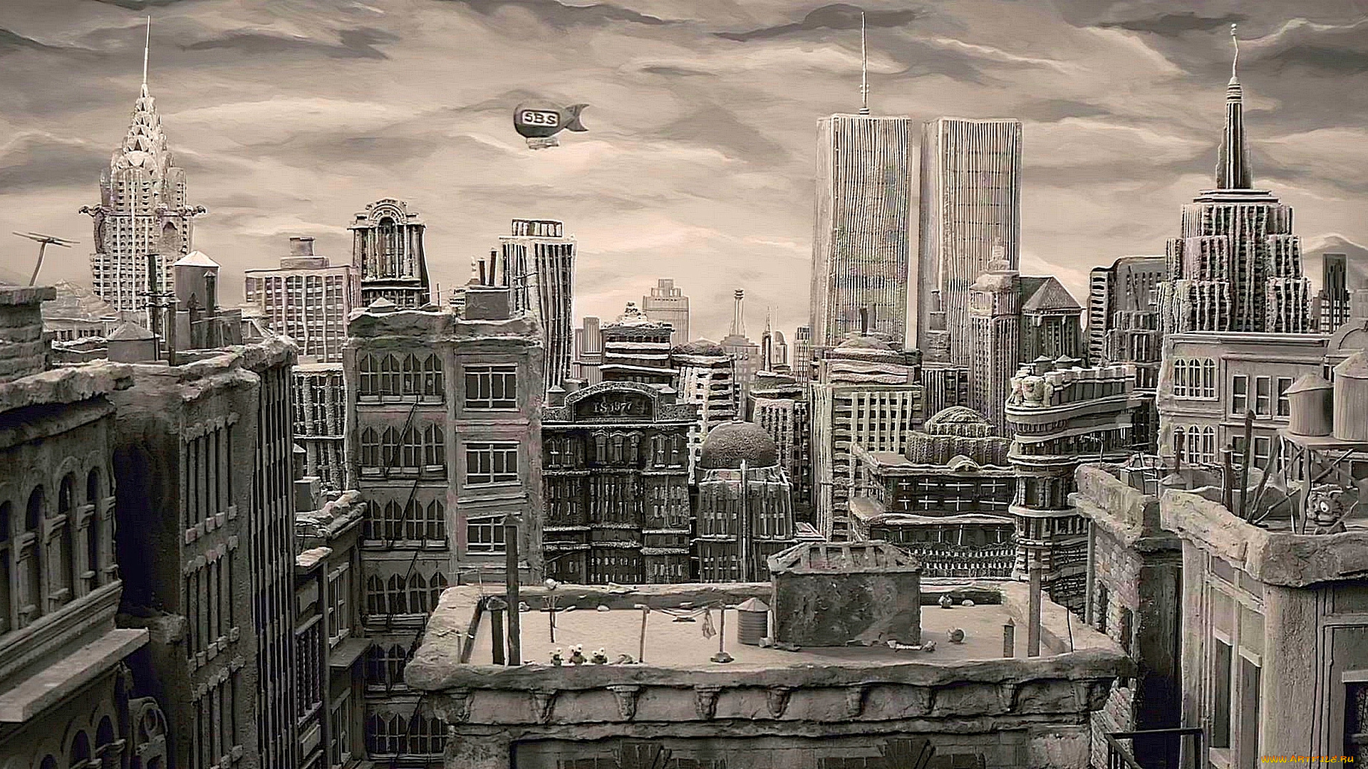 рисованное, города, небоскреб, здание, аэробус