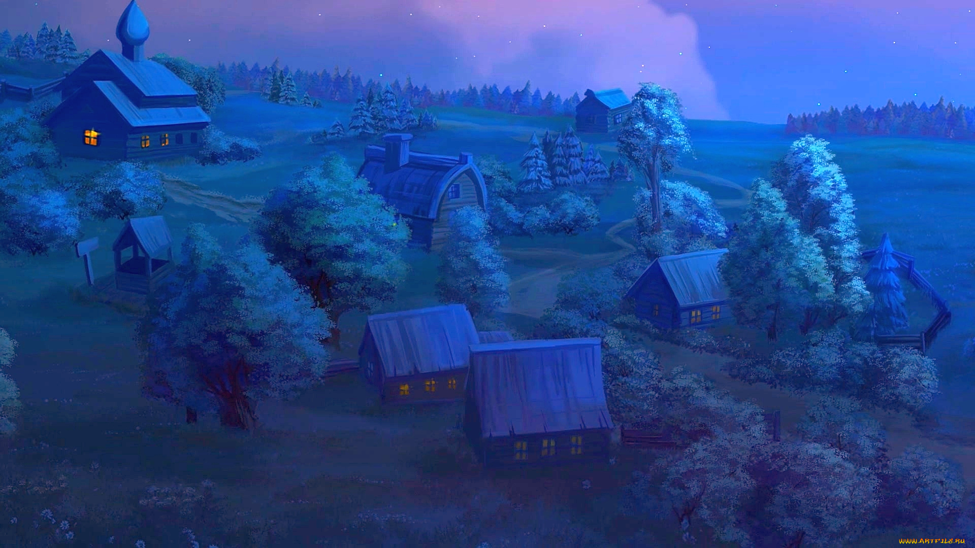 рисованное, города, растения, изба, ночь, деревья