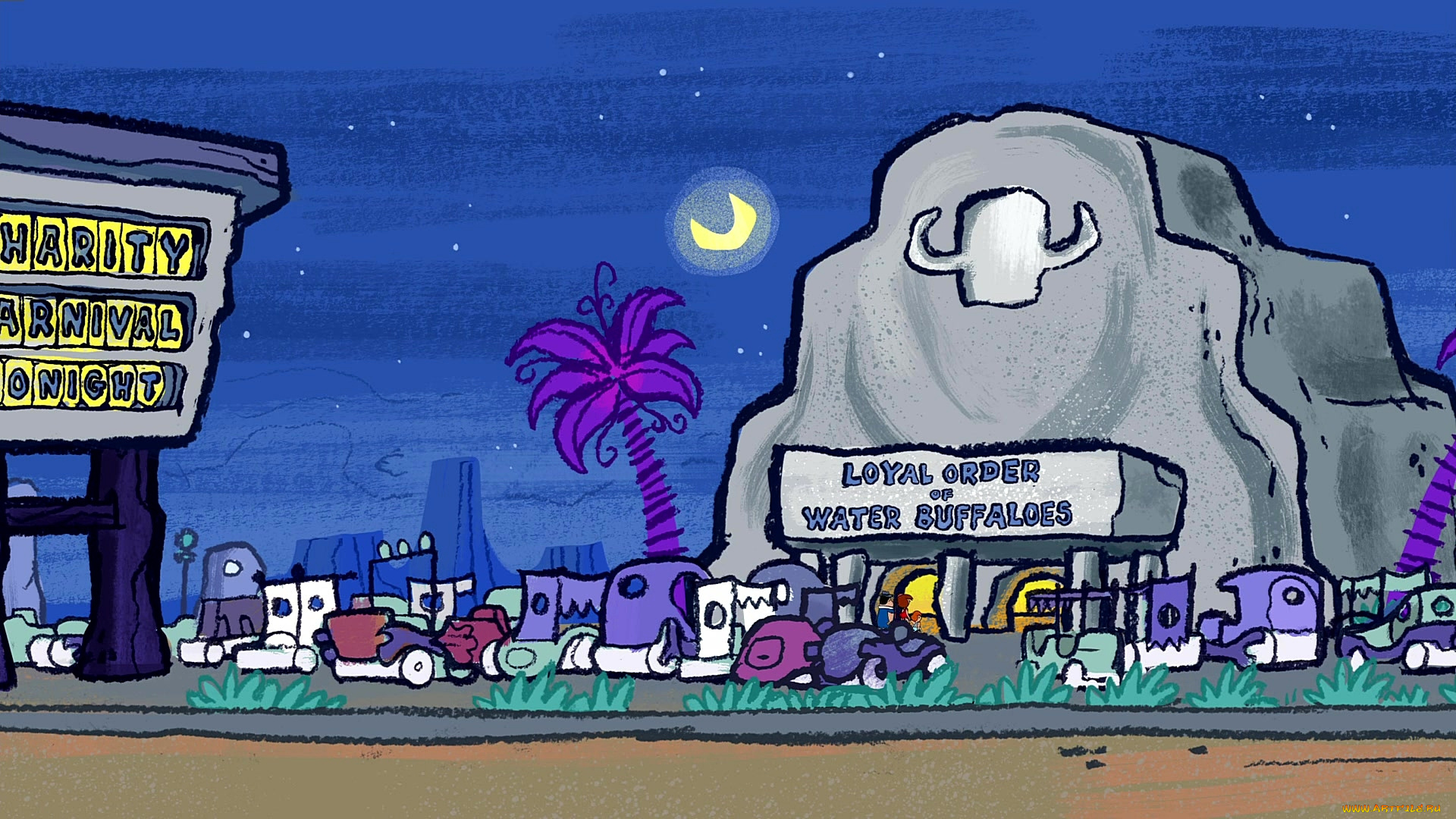 рисованное, города, здание, машина, пальма, луна