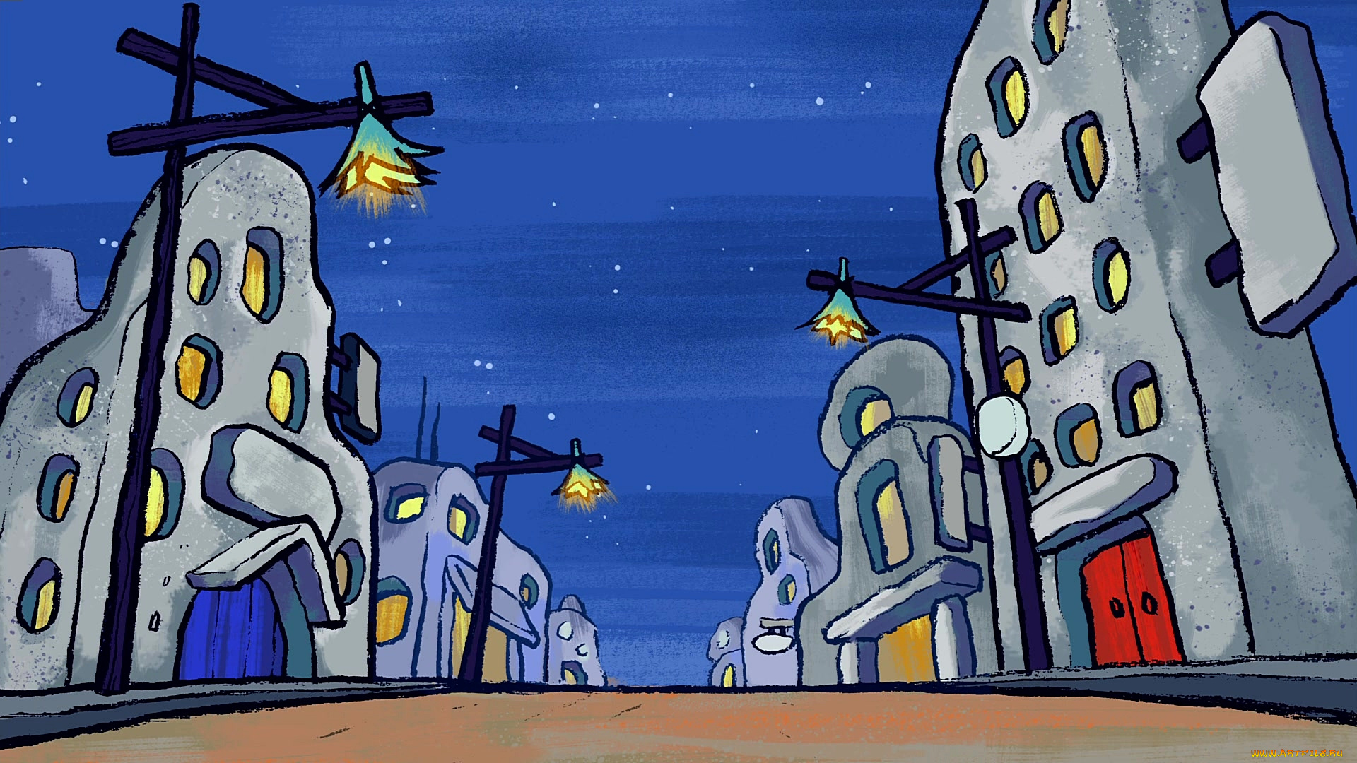 рисованное, города, здание, ночь, фонарь, дорога