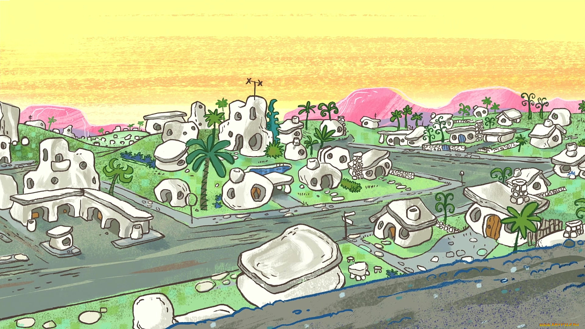 рисованное, города, здание, пальма, дорога