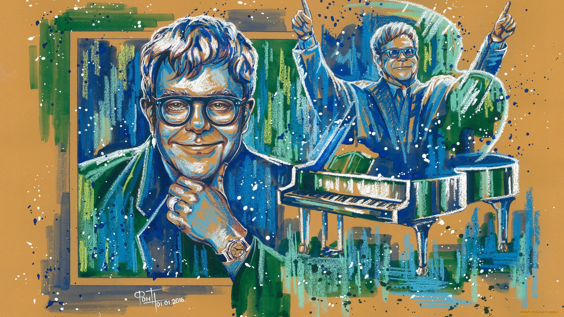 рисованное, люди, певец, элтон, джон, пастель