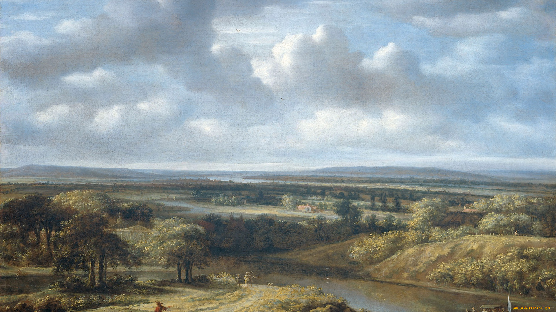 рисованное, живопись, филипс, конинк, масло, холст, речной, пейзаж, картина