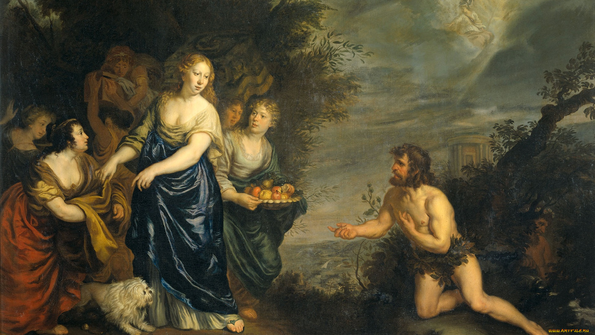 рисованное, живопись, картина, холст, одиссей, и, навсикая, мифология, масло, иоахим, фон, зандрарт