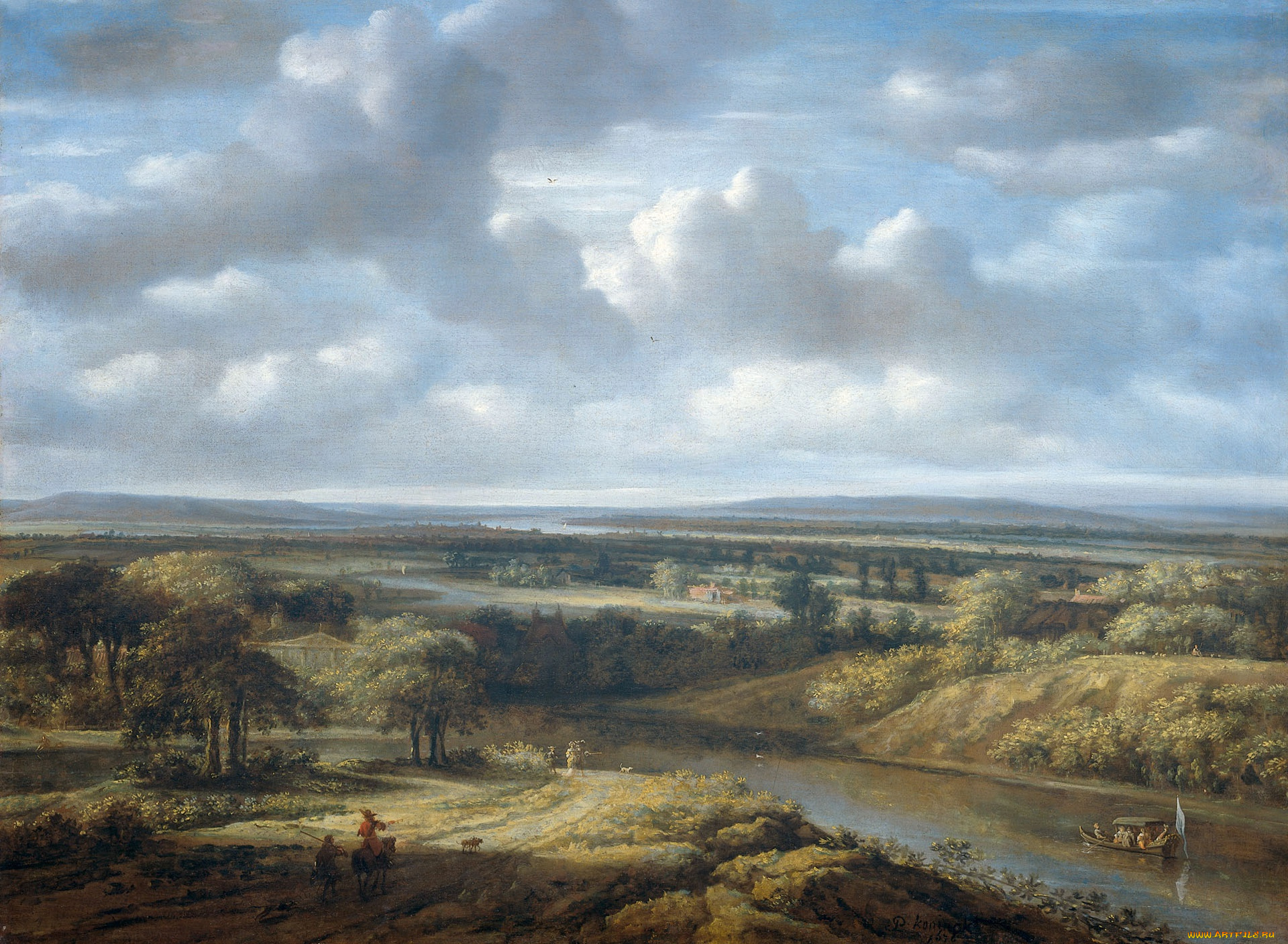 рисованное, живопись, филипс, конинк, масло, холст, речной, пейзаж, картина