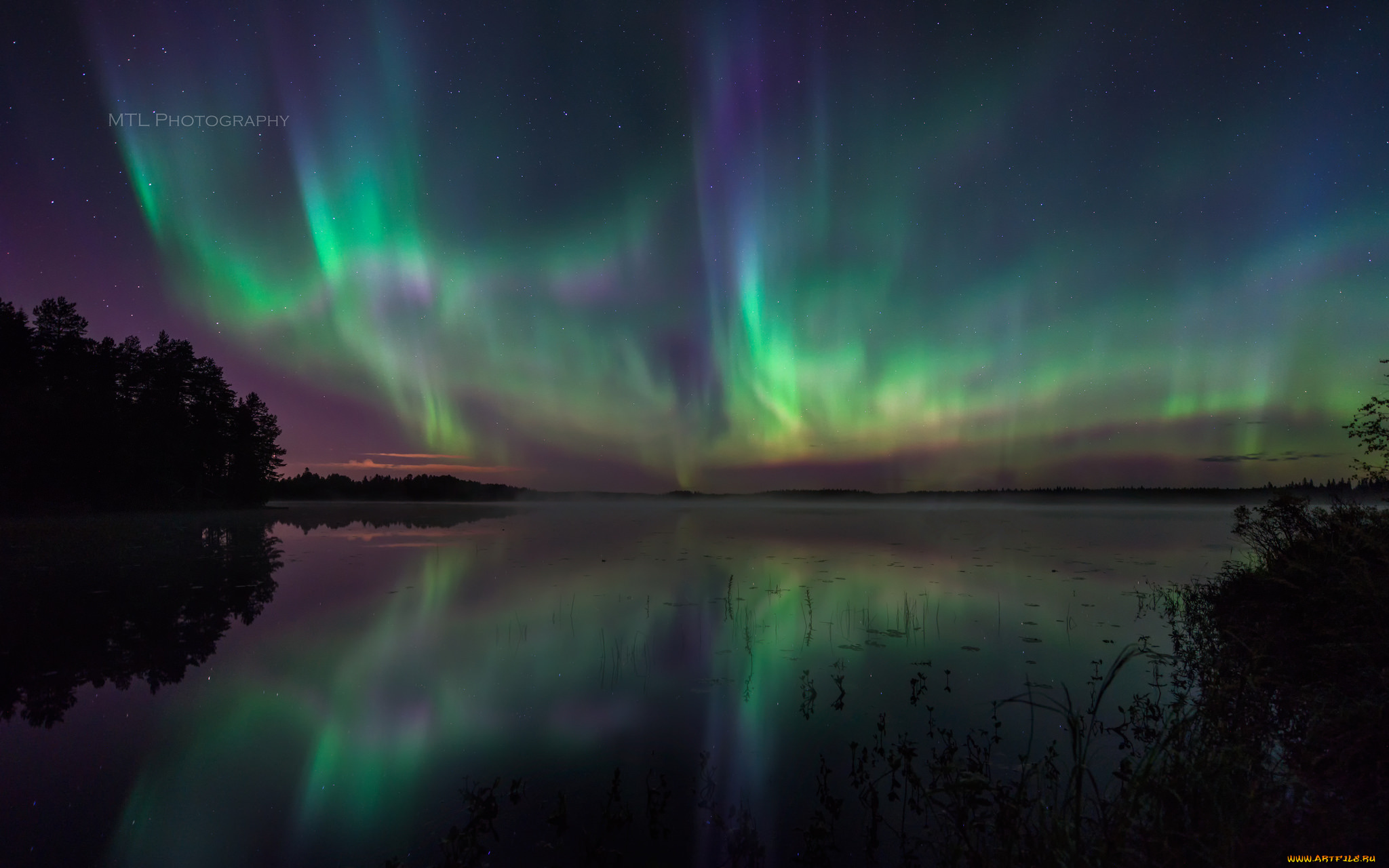 природа, северное, сияние, озеро, ночь