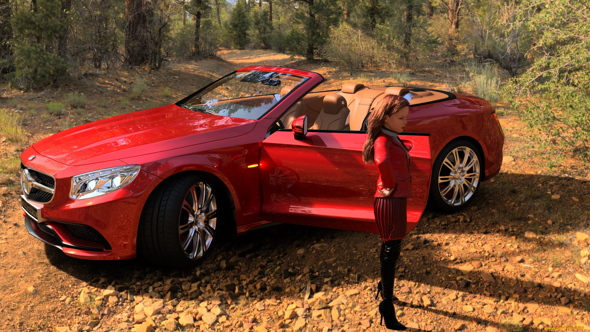 3д, графика, люди, , people, девушка, взгляд, фон, автомобиль