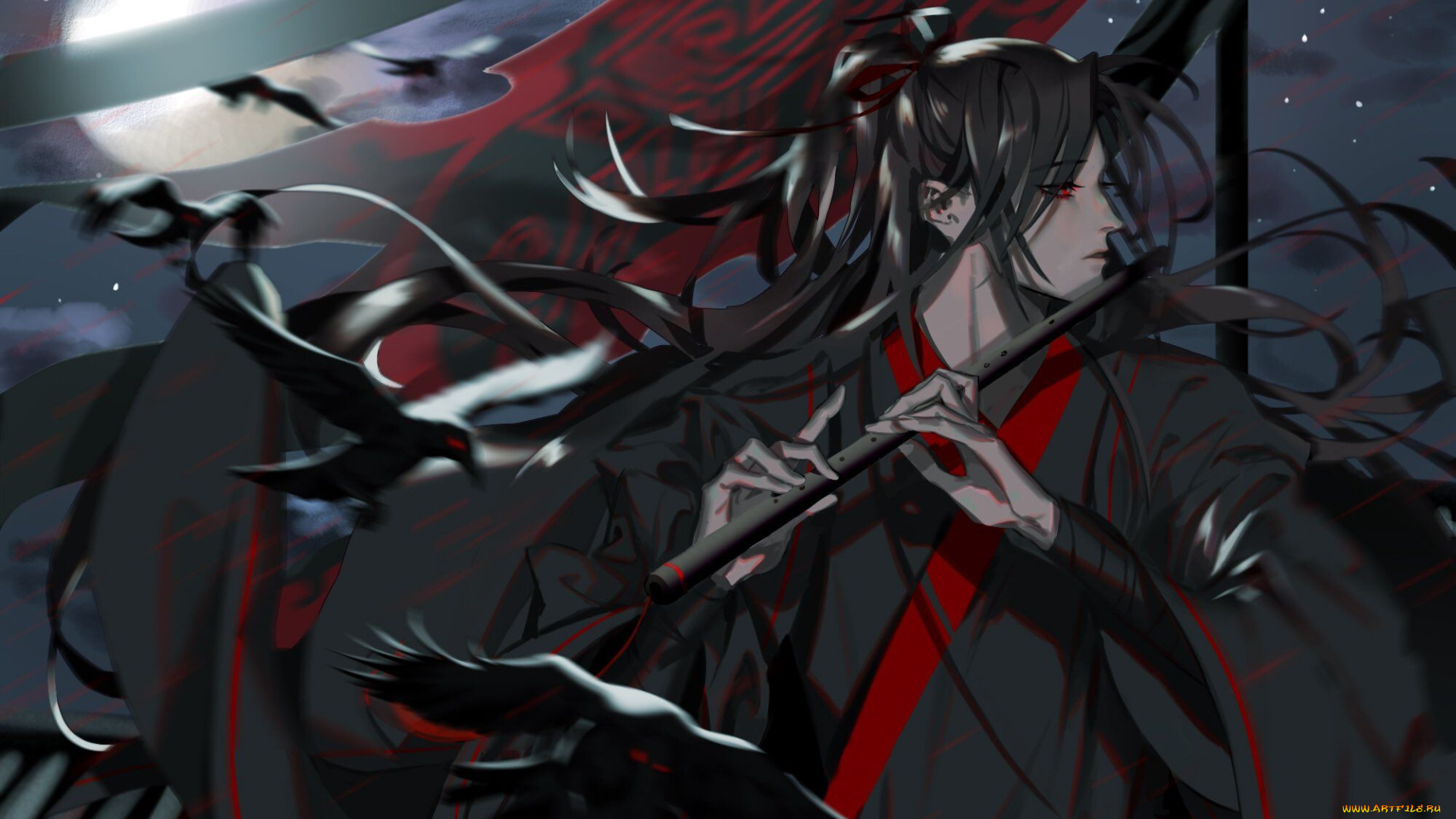 аниме, mo, dao, zu, shi, вэй, усянь, флейта, луна, птицы