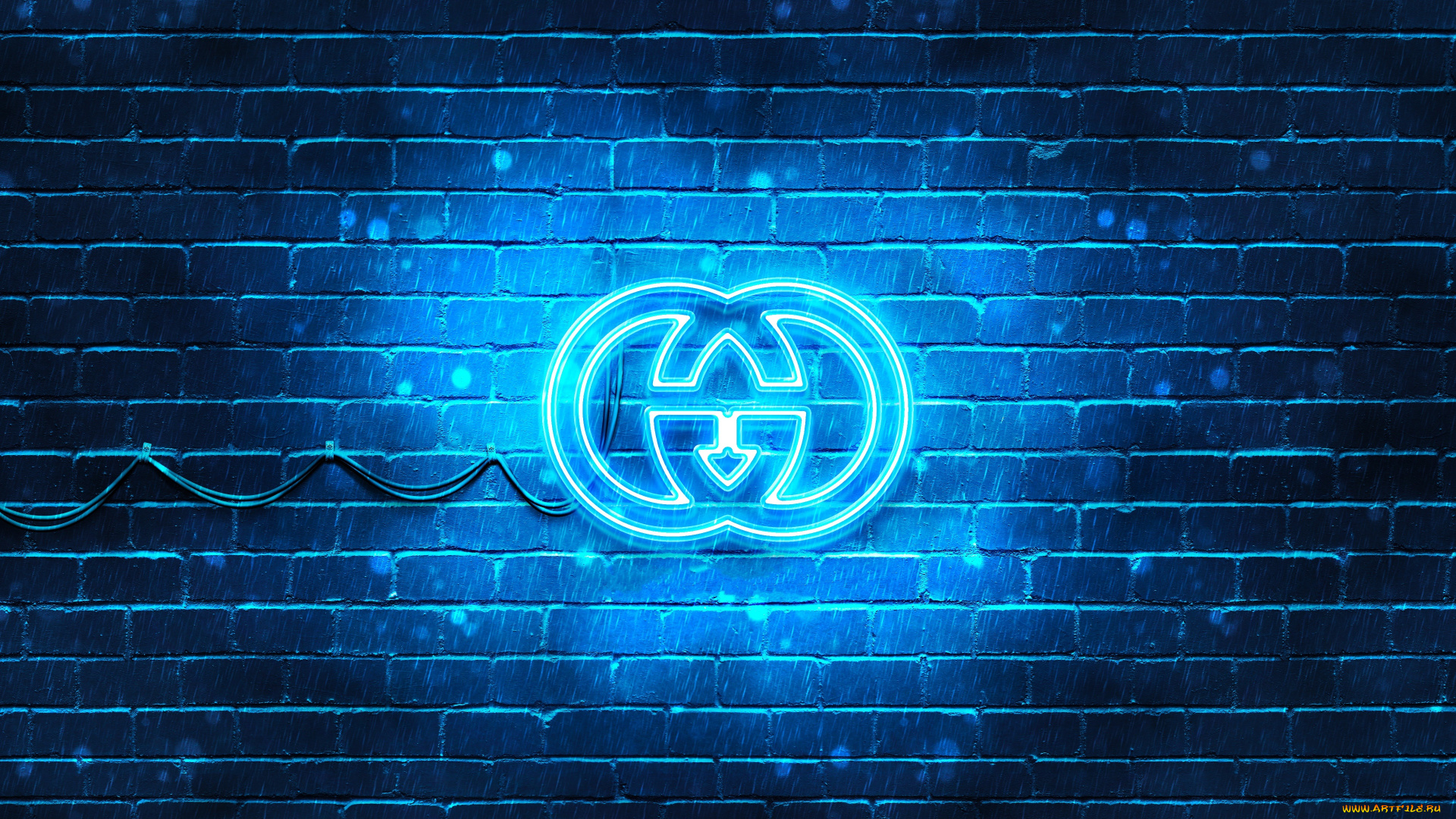 бренды, gucci, синий, логотип, 4k, кирпич, модные, неоновый