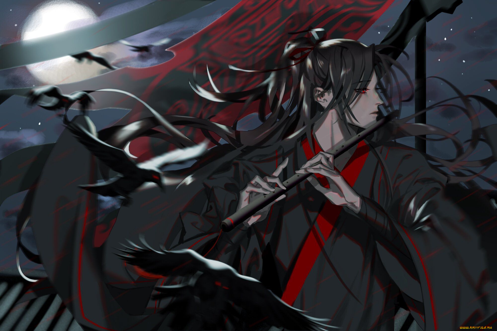 аниме, mo, dao, zu, shi, вэй, усянь, флейта, луна, птицы