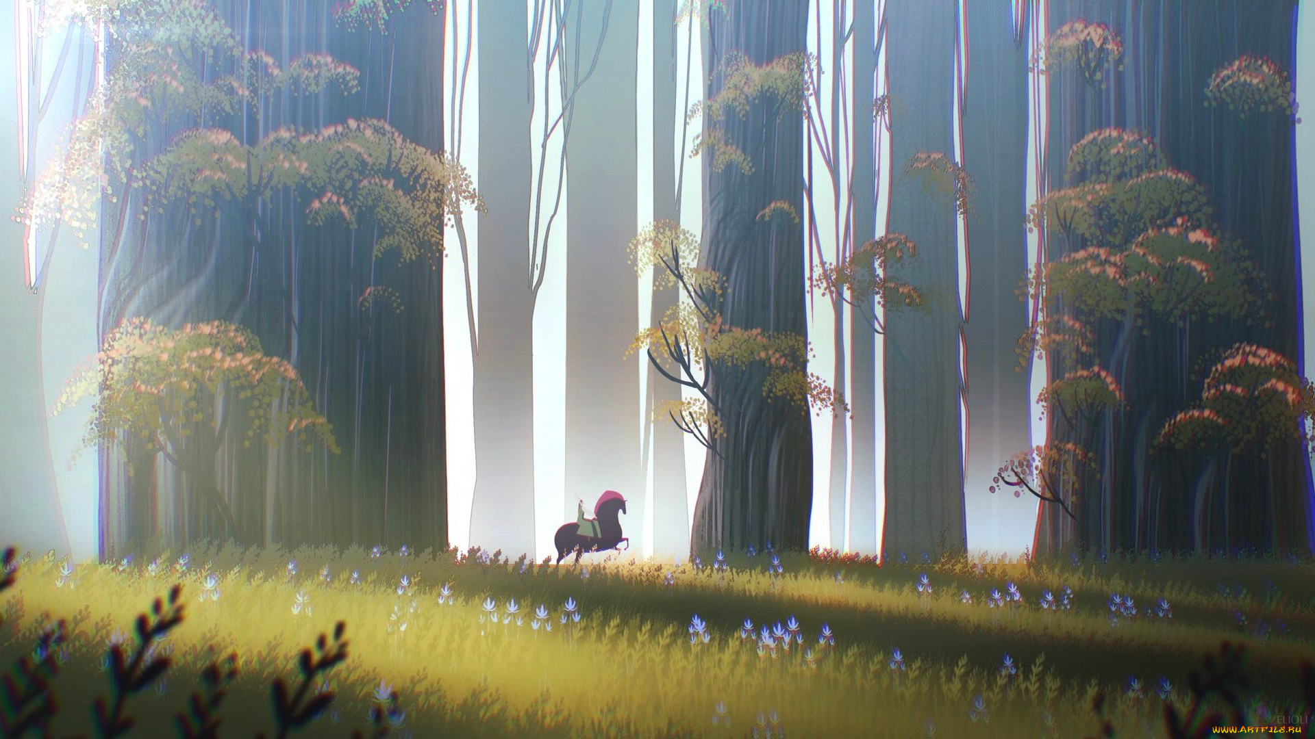 рисованное, люди, лес, конь, девушка