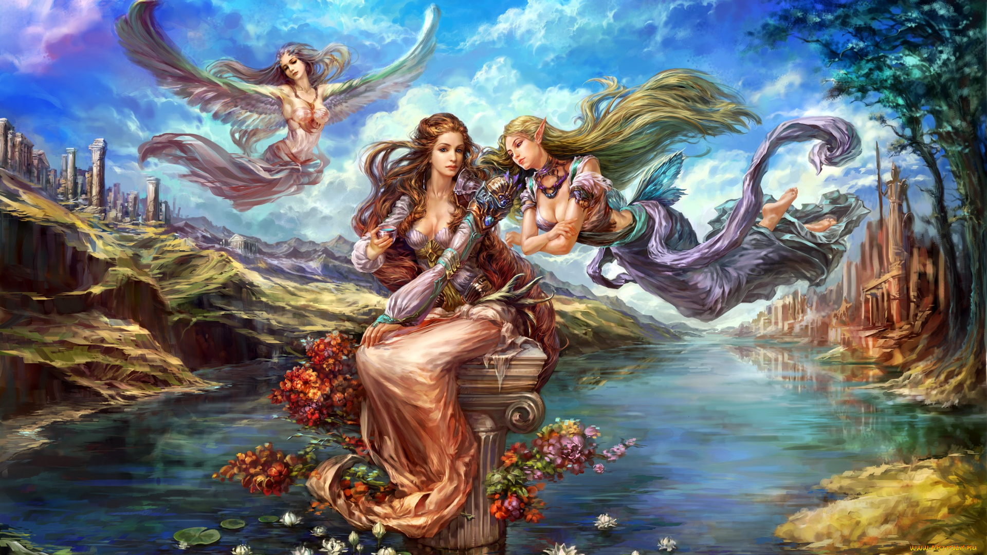 видео, игры, forsaken, world, девушки, цветы, колонны, река, крылья