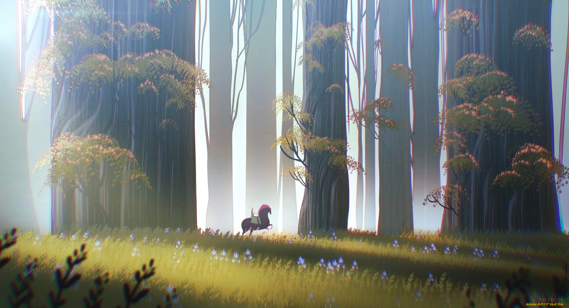 рисованное, люди, лес, конь, девушка