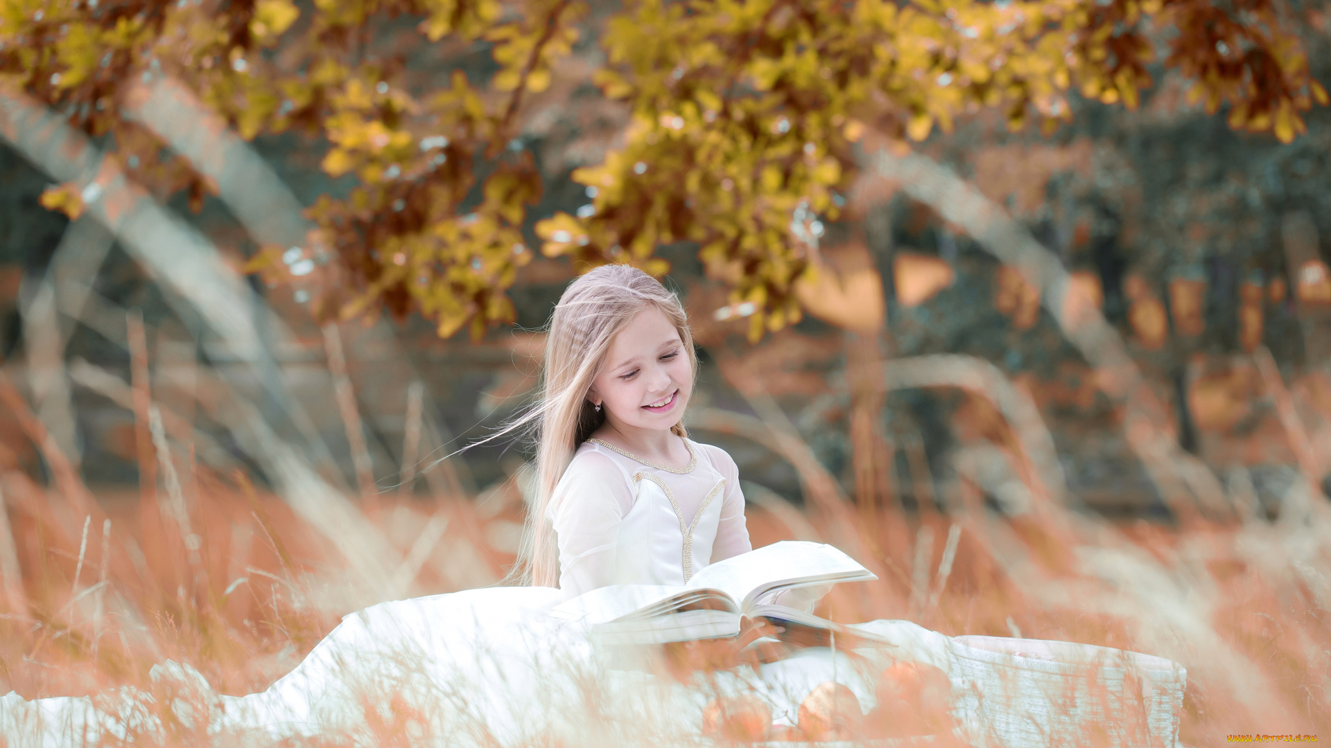 разное, дети, девочка, книга, трава