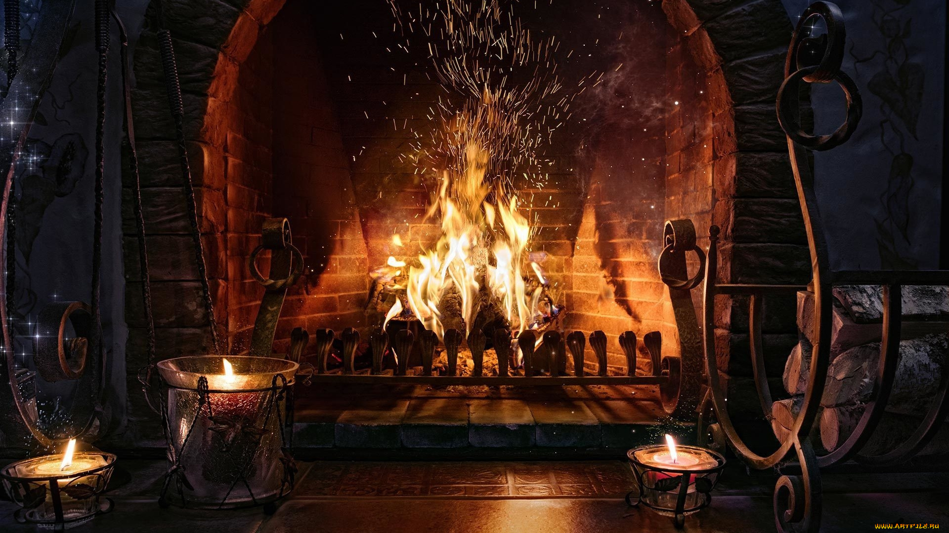 интерьер, камины, свечи, камин, огонь, искры