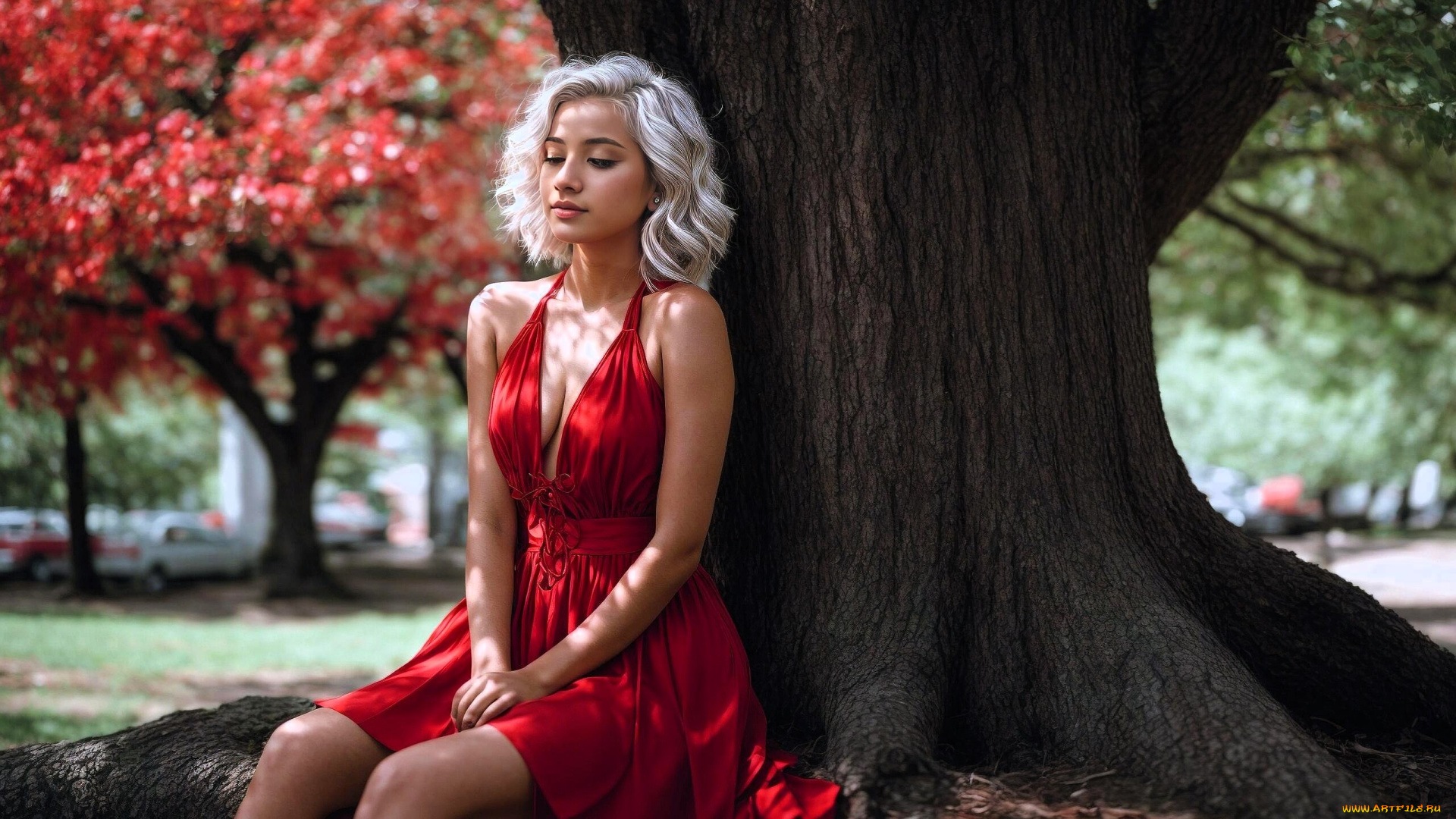 3д, графика, люди, , people, девушка, платье, деревья, листья, парк, осень