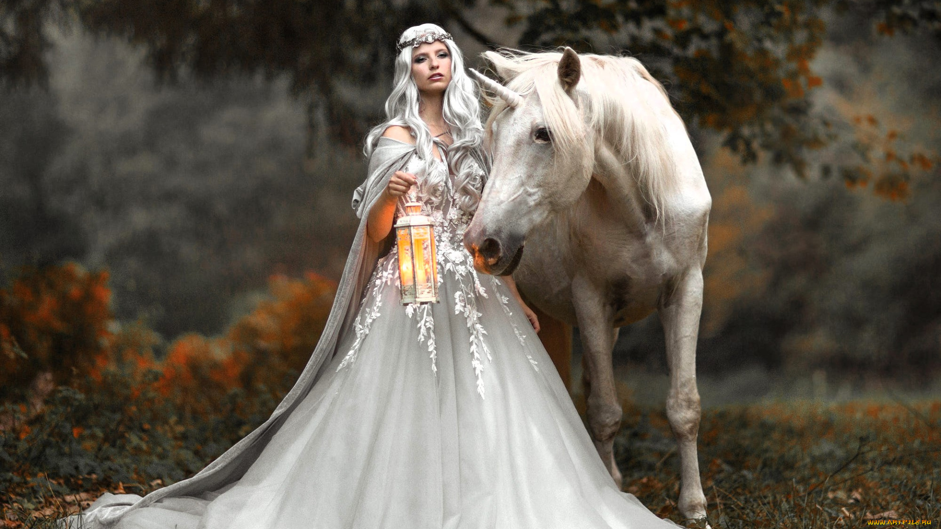 девушки, -, креатив, , косплей, образ, косплей, наряд, платье, фонарь, единорог, лес, осень