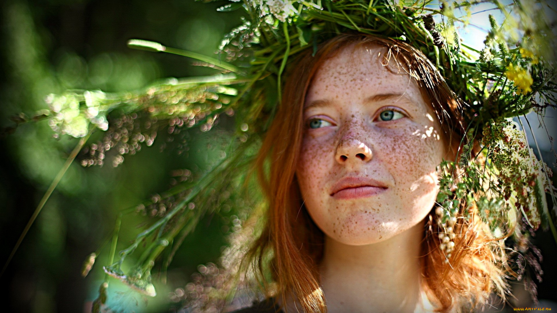 девушки, -, лица, , портреты, лицо, рыжая, веснушки, венок