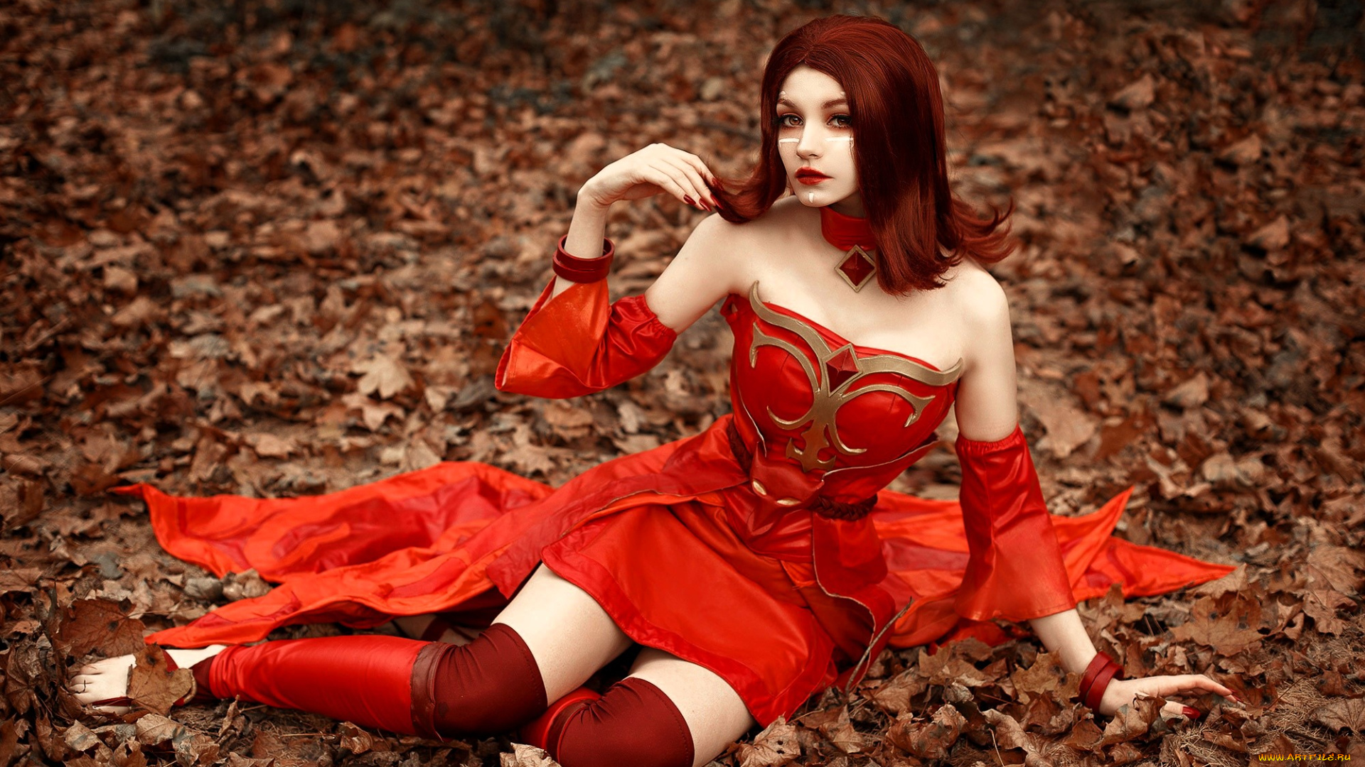 девушки, tenletters, образ, косплей, наряд, брюнетка, платье, листья, осень, лес