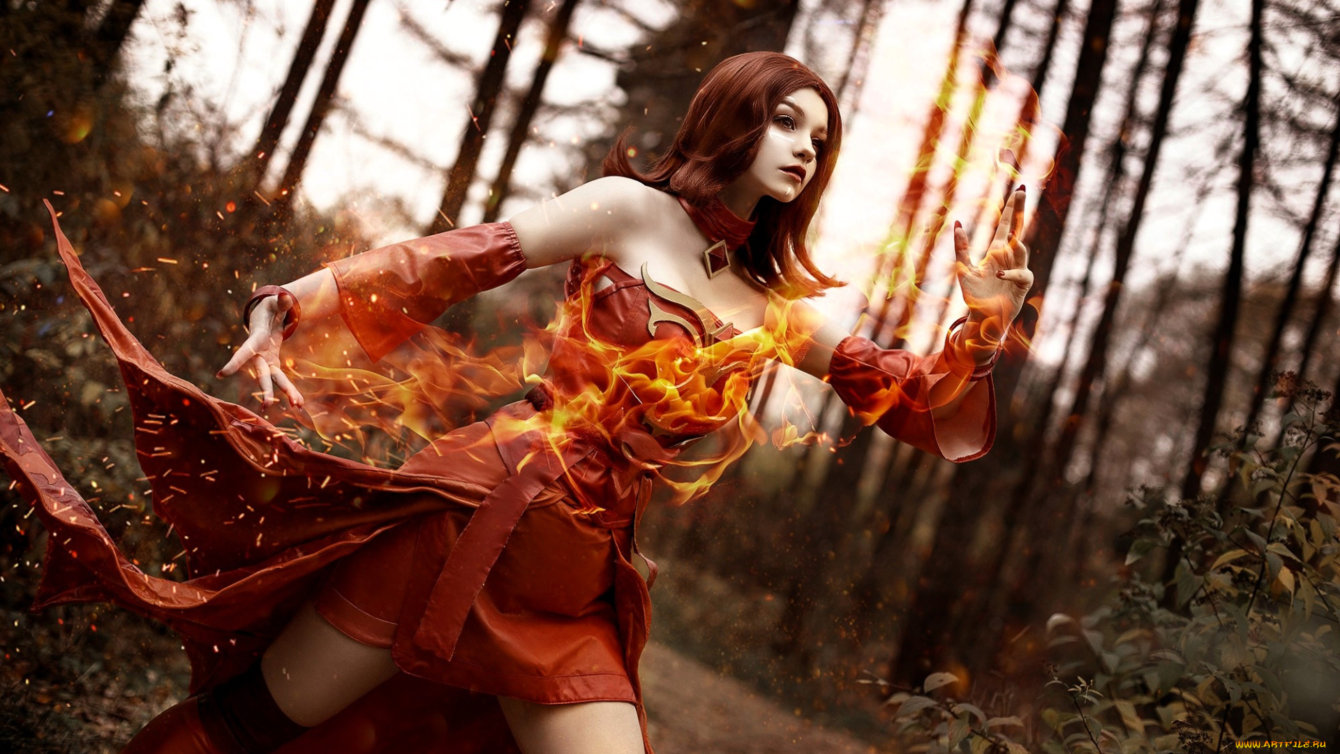 девушки, tenletters, образ, косплей, наряд, брюнетка, платье, листья, осень, лес, кусты, магия