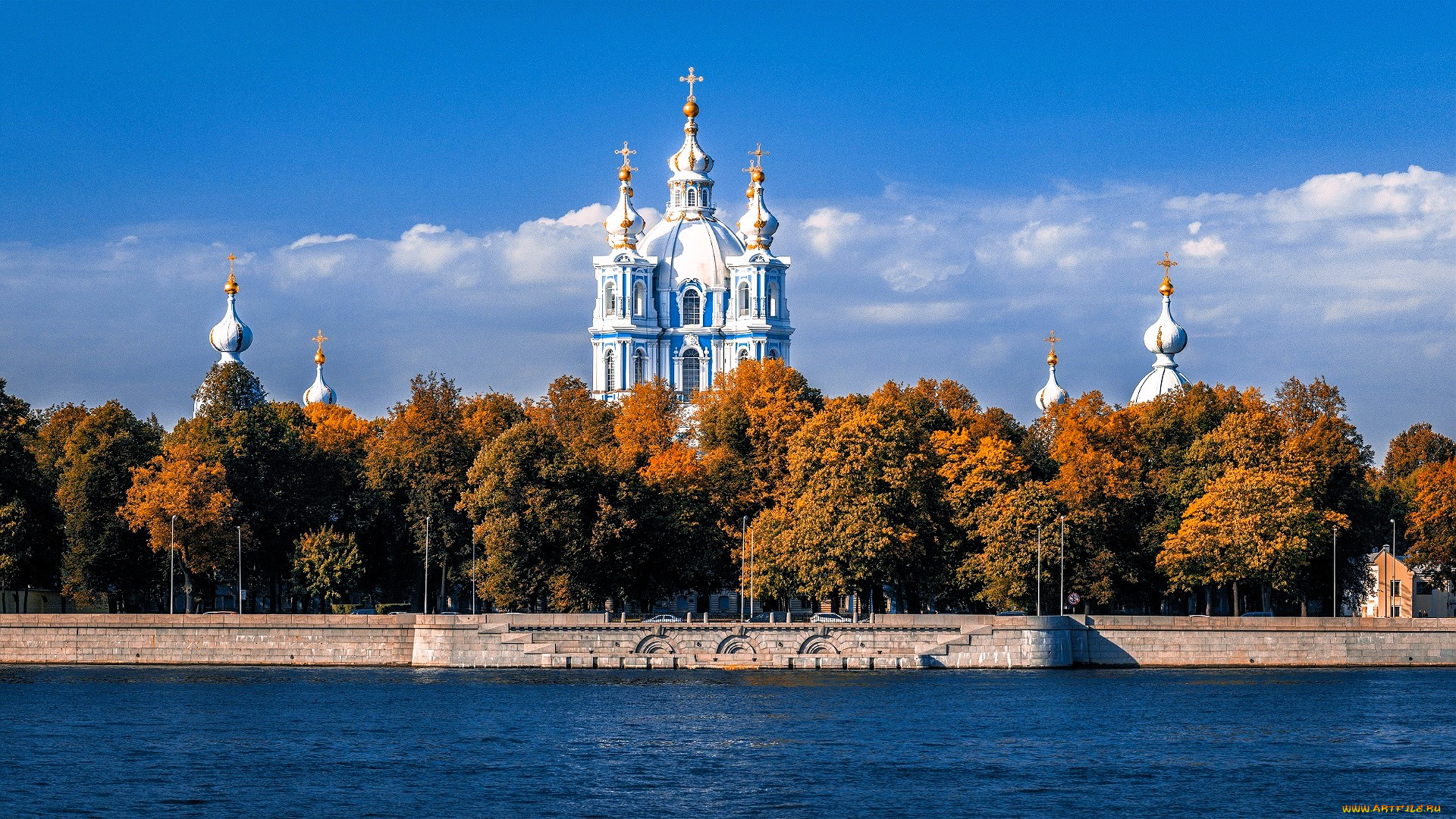 города, санкт-петербург, , петергоф, , россия, собор, купола, деревья, осень, набережная, река, нева