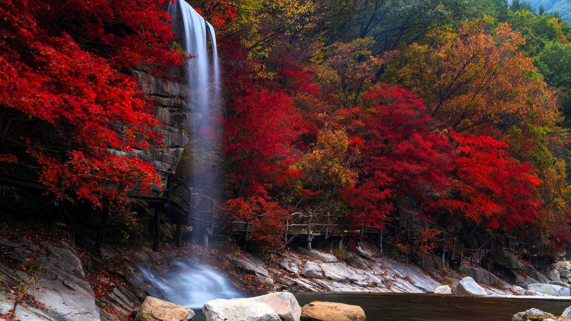природа, водопады, водопад, скала, деревья, осень, камни, озеро, забор