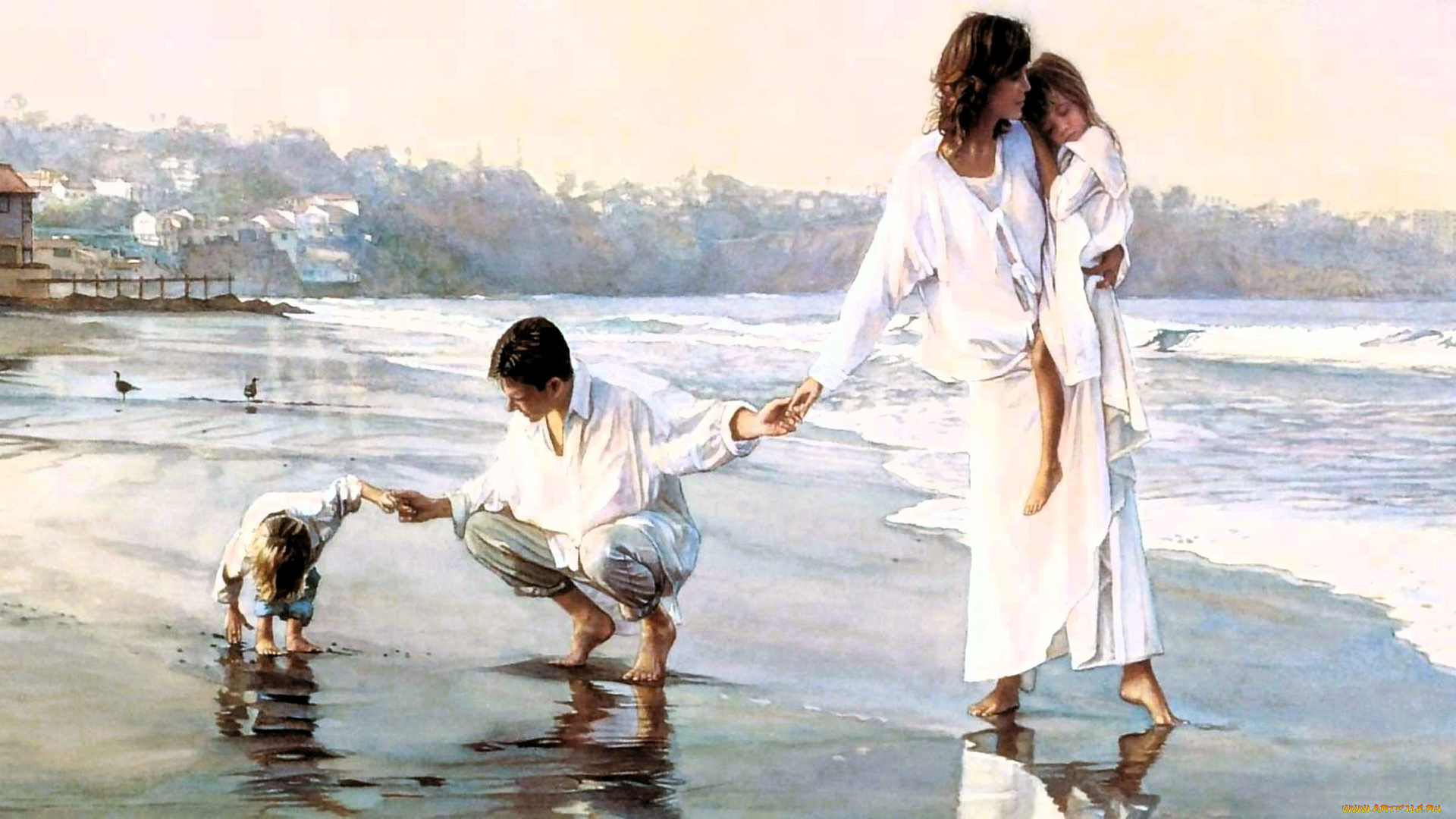 рисованное, люди, женщина, мужчина, дети, берег, море