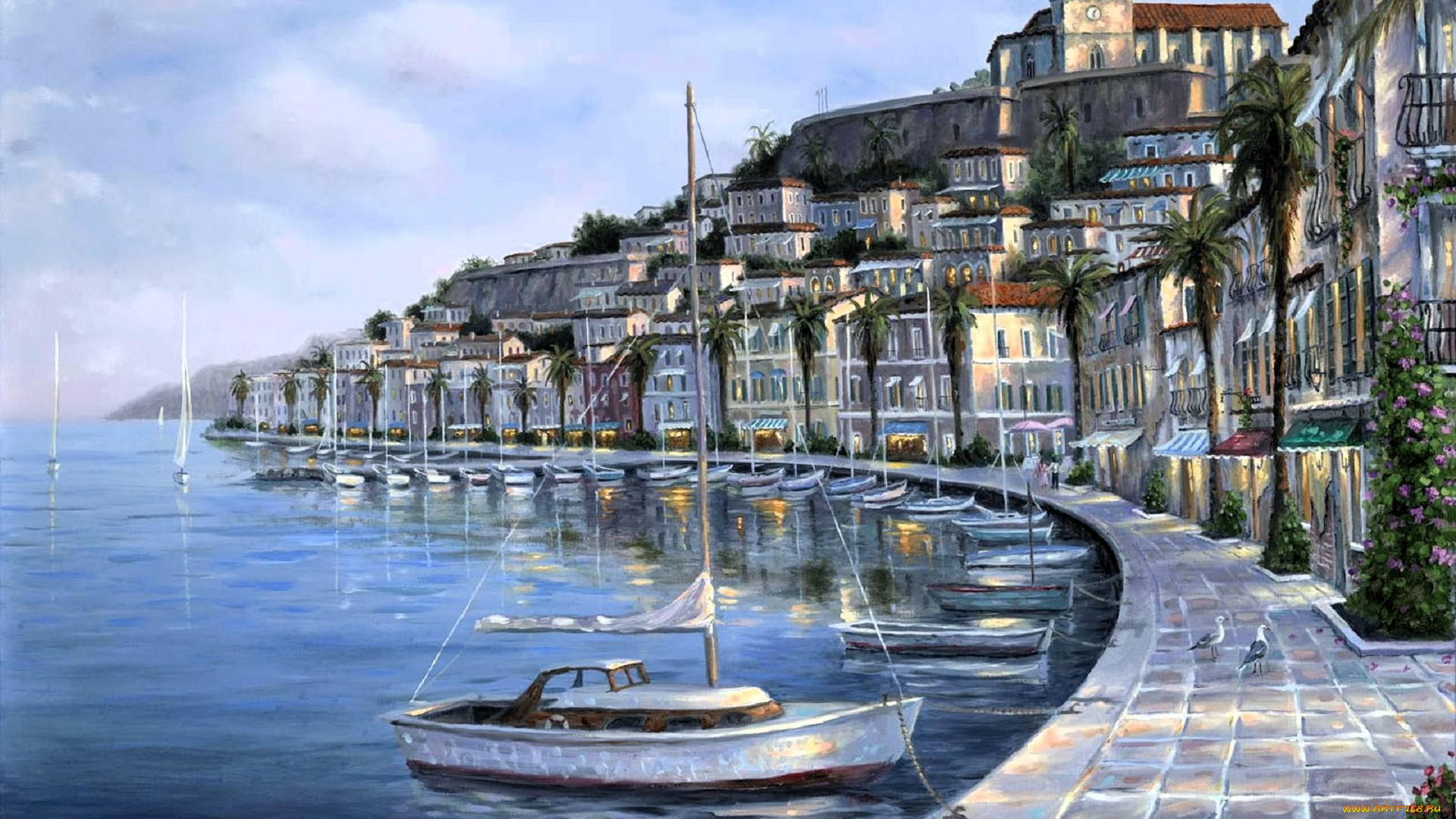 рисованное, robert, finale, дома, здания, набережная, море, яхты