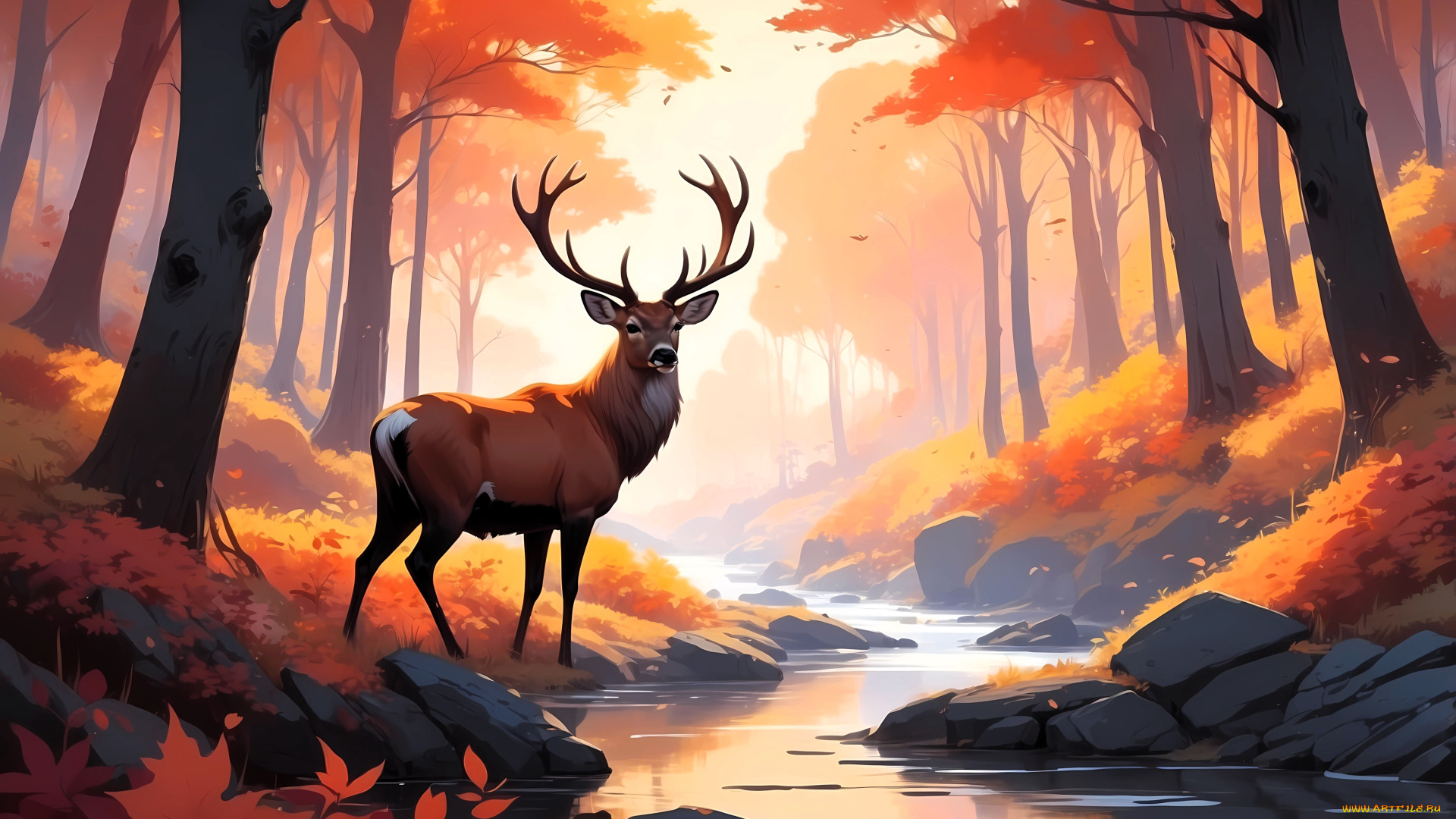 рисованное, животные, , олени, олень, лес, осень, деревья, ручей, камни