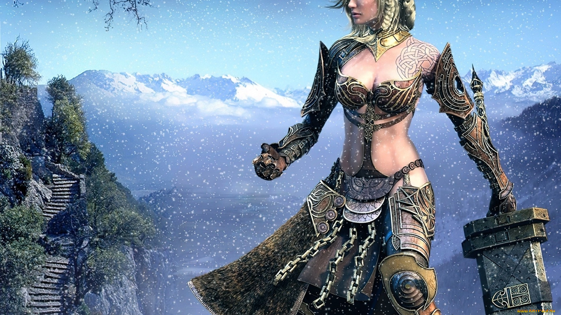 видео, игры, guild, wars, 2, девушка, снег, горы, лестница