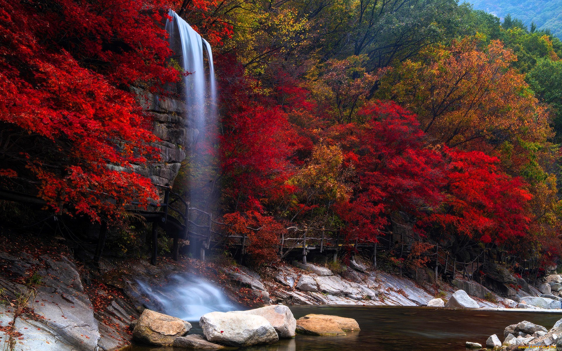 природа, водопады, водопад, скала, деревья, осень, камни, озеро, забор