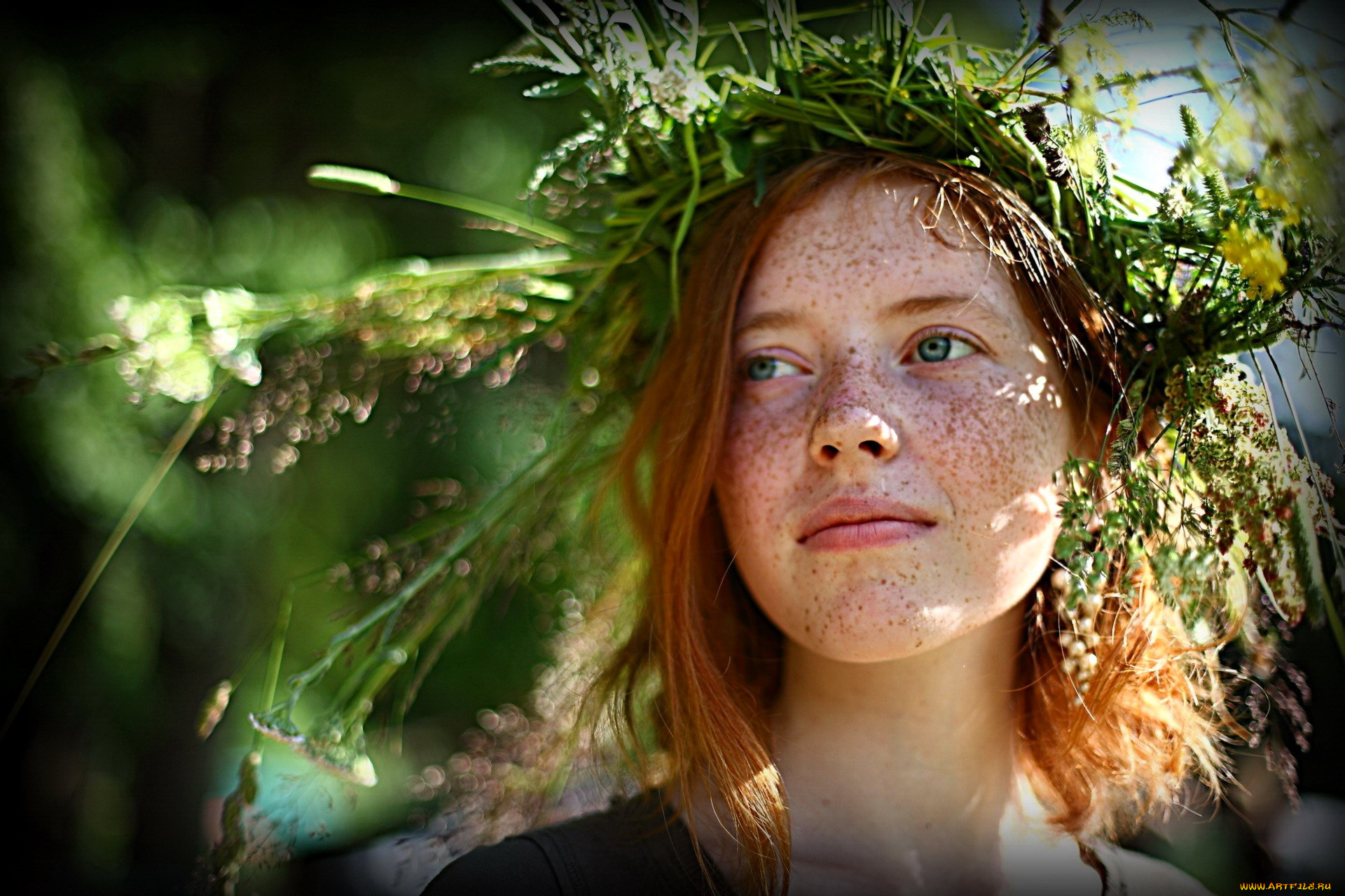 девушки, -, лица, , портреты, лицо, рыжая, веснушки, венок