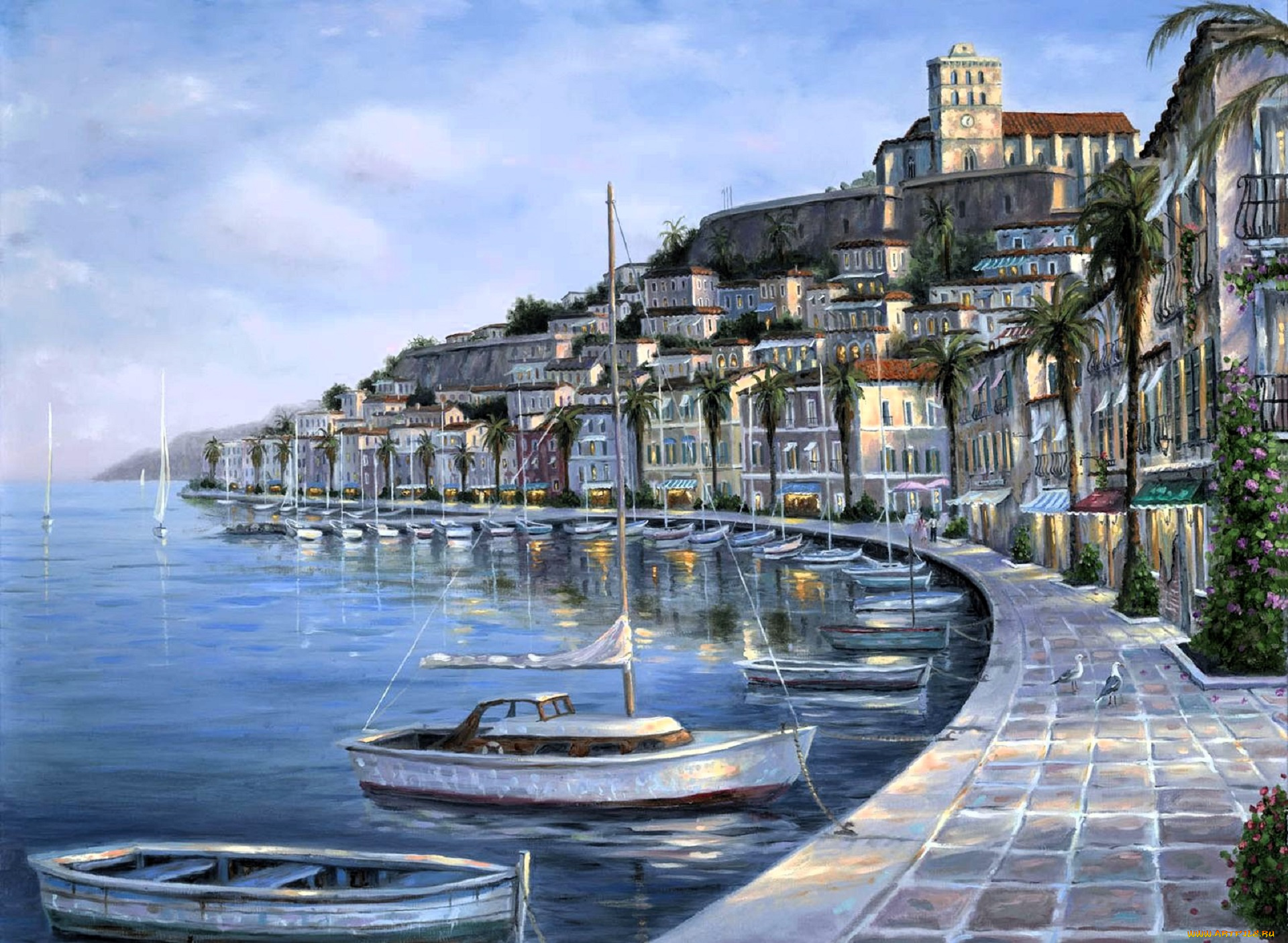 рисованное, robert, finale, дома, здания, набережная, море, яхты