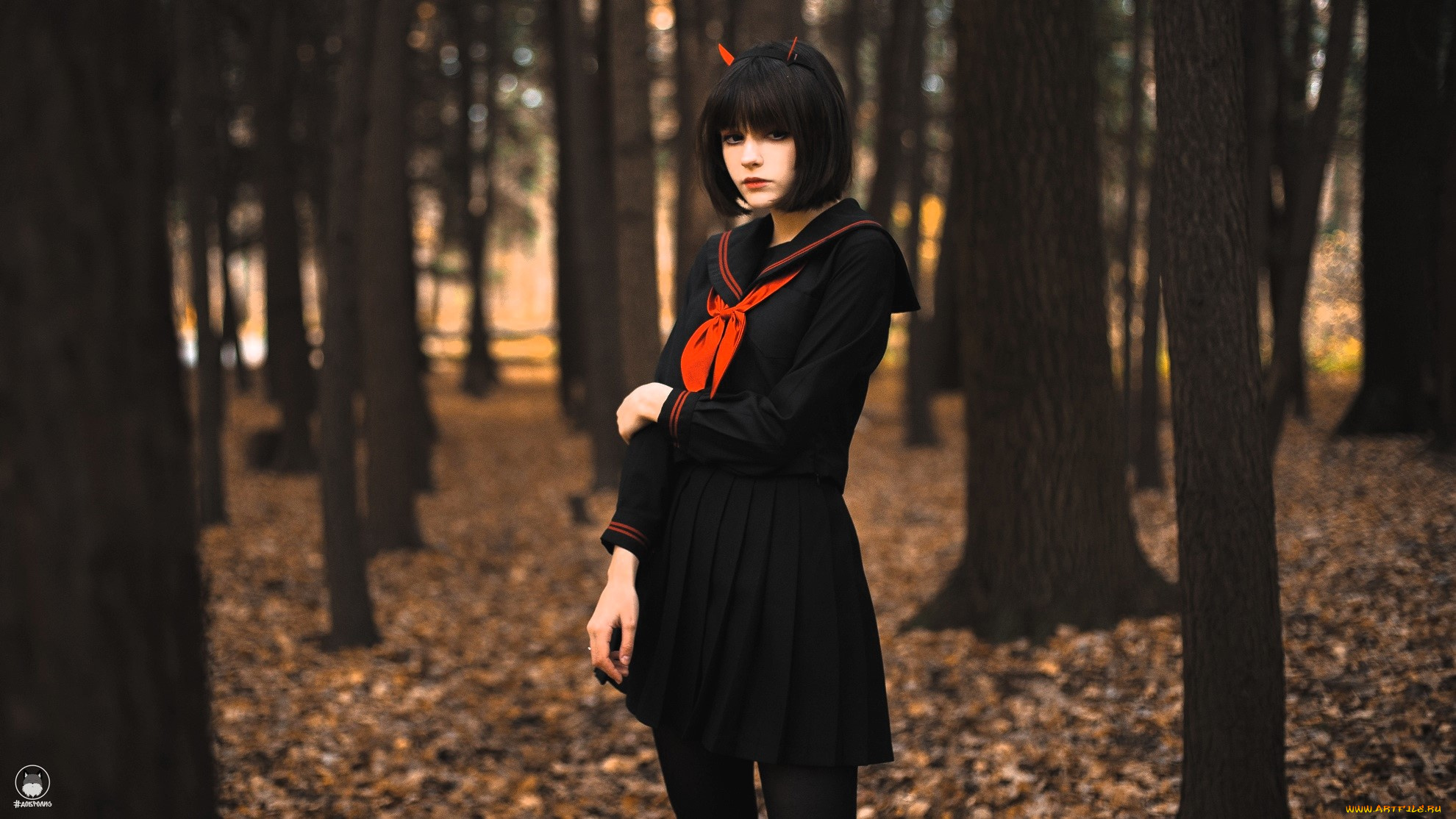 девушки, tenletters, образ, косплей, наряд, брюнетка, платье, листья, осень, лес, кусты